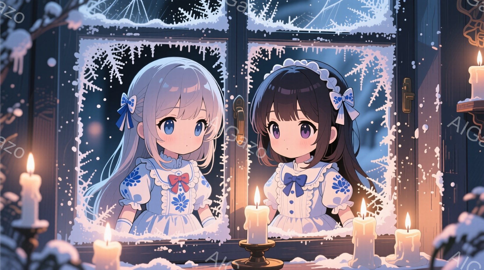 雪の降る夜、窓越しに映る二人の少女が描かれています。二人は白いフリル付きのドレスを着ており、それぞれ髪には青いリボンをつけています。彼女たちは窓に映り、わずかに微笑み、冬の夜の静かで幻想的な雰囲気を醸 - AI生成フリー素材