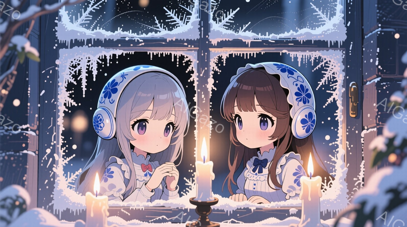 少女たちは窓の外の雪景色を見つめ、それぞれ赤いリボンと青いリボンを身につけている。彼女たちは白いドレスにヘッドフォンをしており、暖炉の光が顔を照らしている。背景には雪が降り積もり、凍りついた窓が冬の静けさと暖かさを表現している。