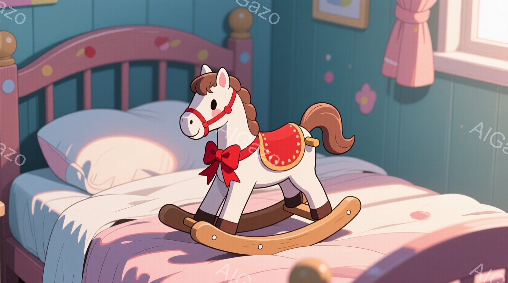 明るいピンク色の背景に、白いロッキングホースがベッドの上に置かれています。ロッキングホースは赤い弓飾りとサドルをつけており、温かみのある光が差し込んで優しい雰囲気を醸し出しています。背景にはピンク色の - AI生成フリー素材