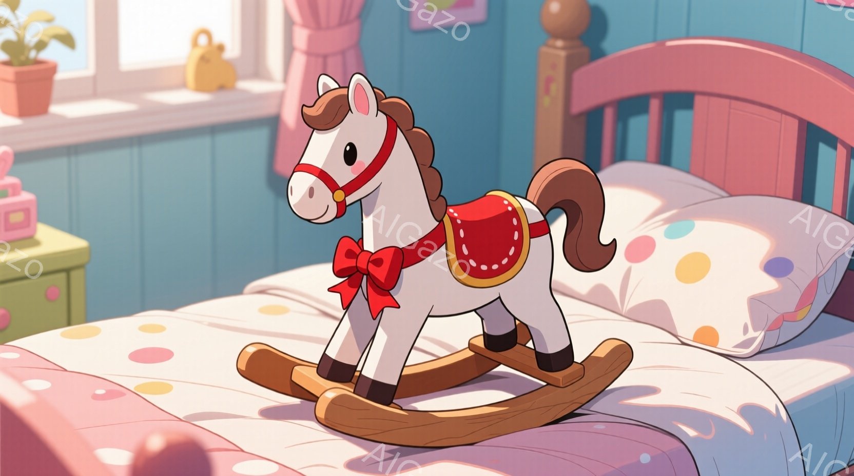 明るいピンク色のベッドの上に、白いロッキングホースが置かれています。ロッキングホースは赤い鞍とたてがみを持っており、かわいらしい表情をしています。背景には、パステルブルーの壁と、植物が置かれたナイトスタンドが見え、全体的に暖かく、遊び心のある雰囲気が漂っています。