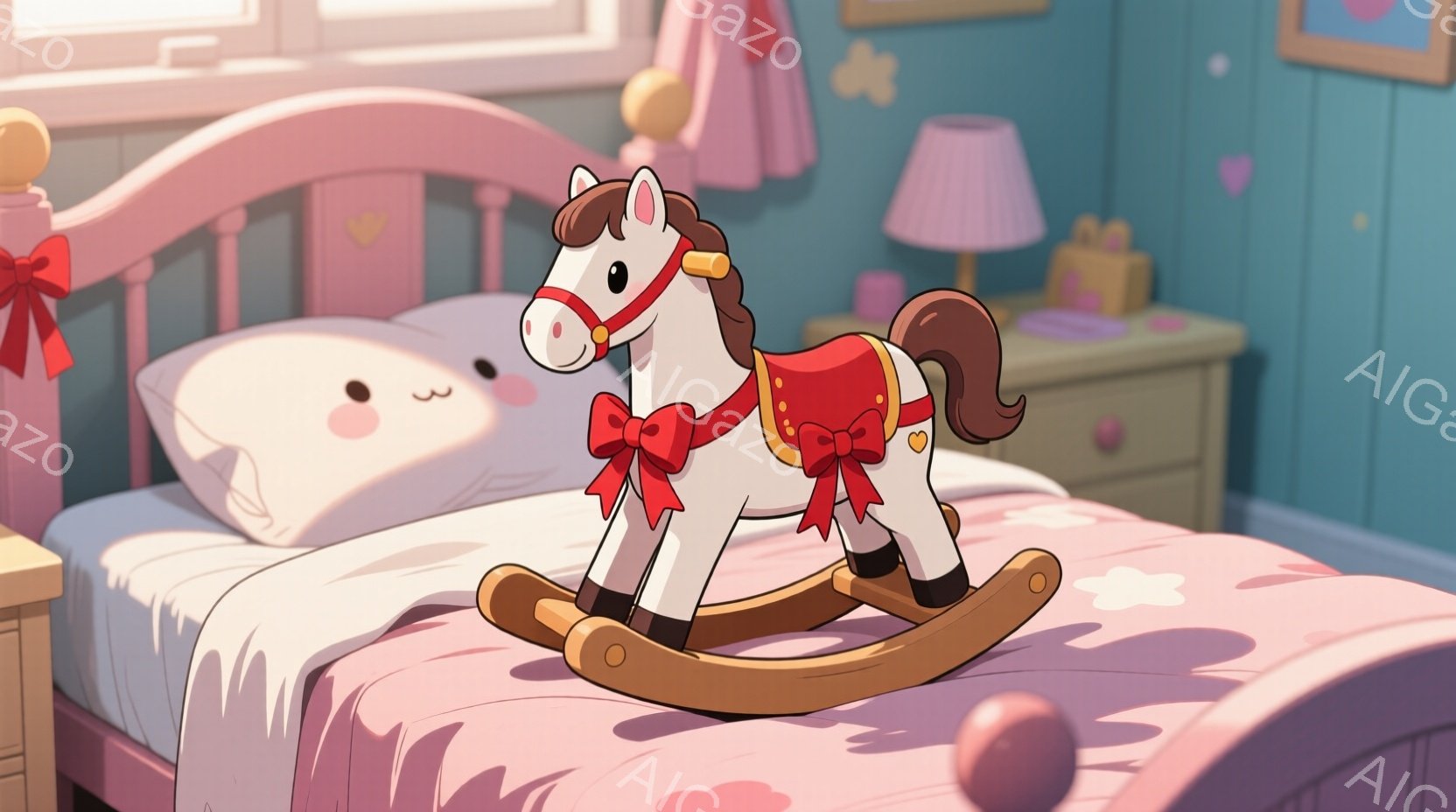 明るいピンク色のベッドの上に、赤い装飾が施された白いロッキングホースが置かれています。背景には、淡いピンク色のカーテン、ナイトスタンド、そして可愛らしいピンク色の枕が並んでいます。全体的に、暖かく、夢のような、子供部屋の雰囲気です。