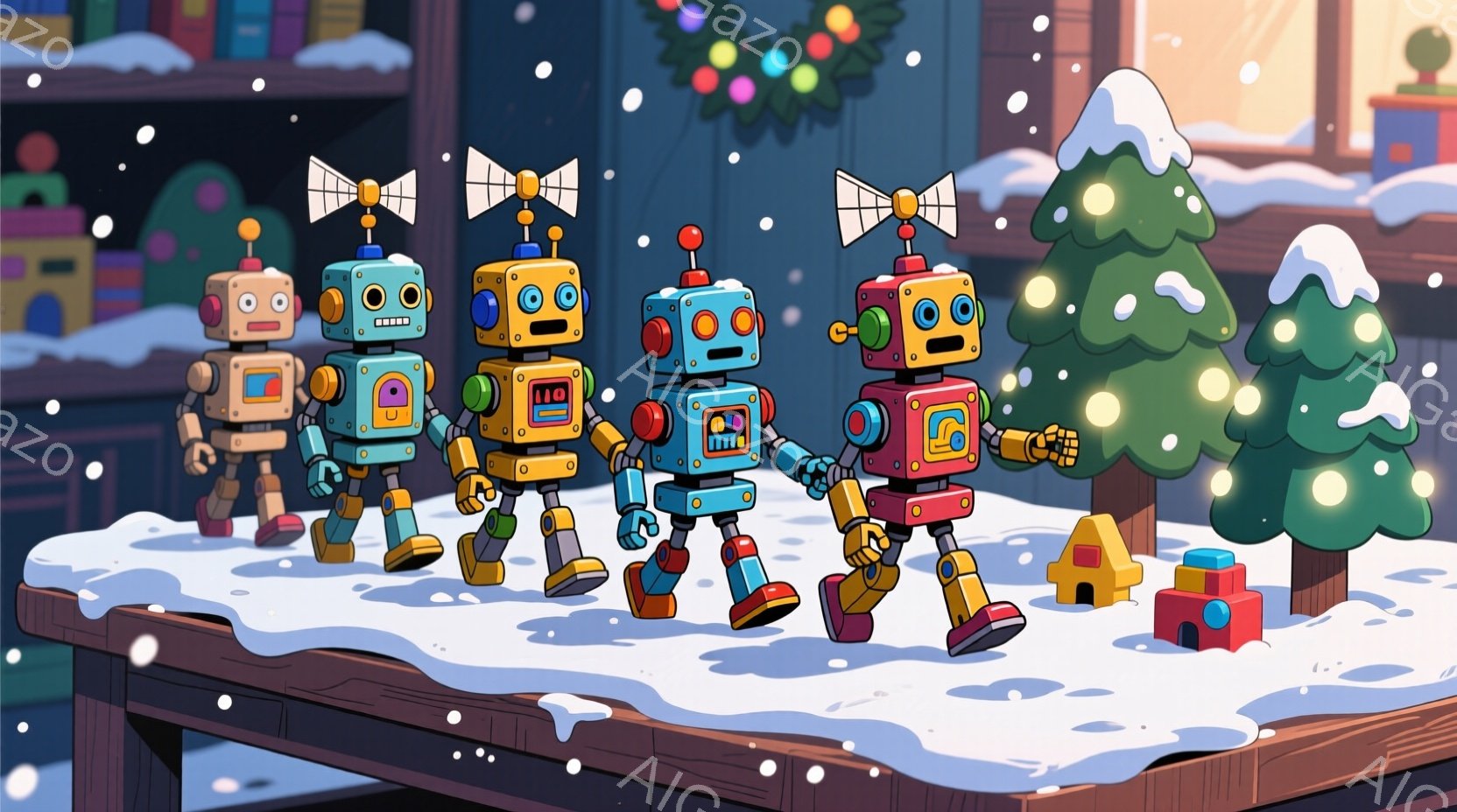 鮮やかな色合いのロボットたちが雪の積もったテーブルの上を整列して歩いている。各ロボットは異なる色の胴体と手足を持ち、頭にはアンテナと蝶ネクタイをつけている。背景にはクリスマスツリー、おもちゃのブロック - AI生成フリー素材