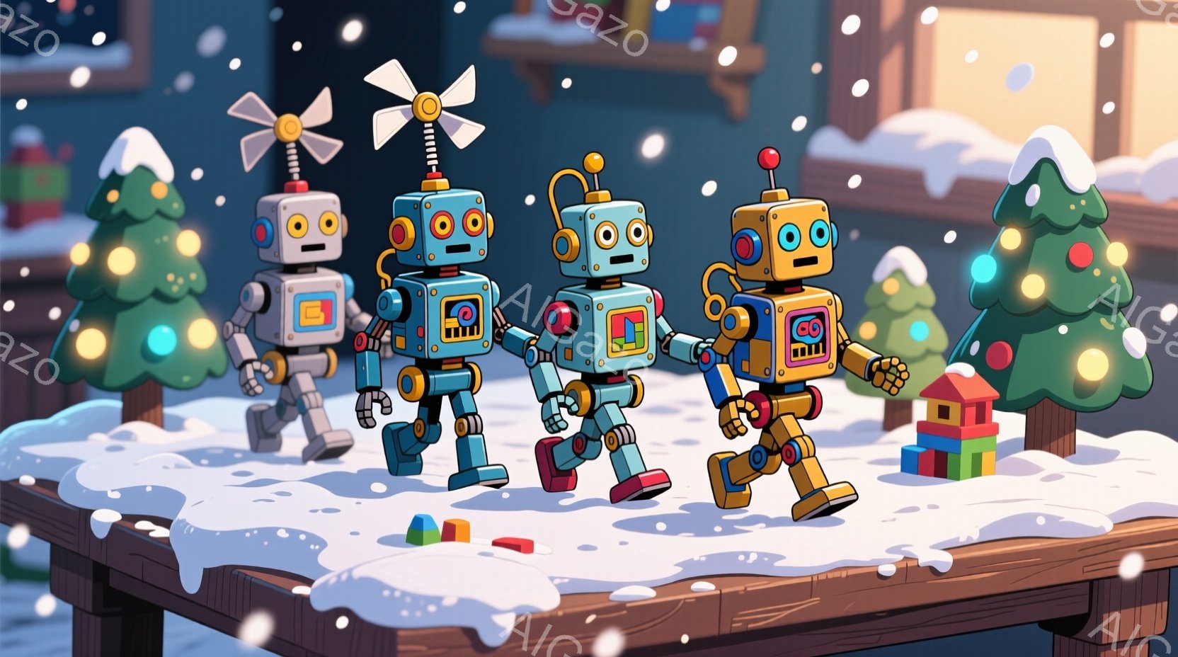 雪の降るテーブルの上で、赤いロボットたちが手をつないで歩いている様子を描いています。背景には、クリスマスツリーやカラフルな積み木、そして雪で覆われた小さな家が見え、冬の暖かく楽しい雰囲気を醸し出しています。ロボットたちはそれぞれ頭に異なる形のアンテナを付けており、元気いっぱいに前進しています。