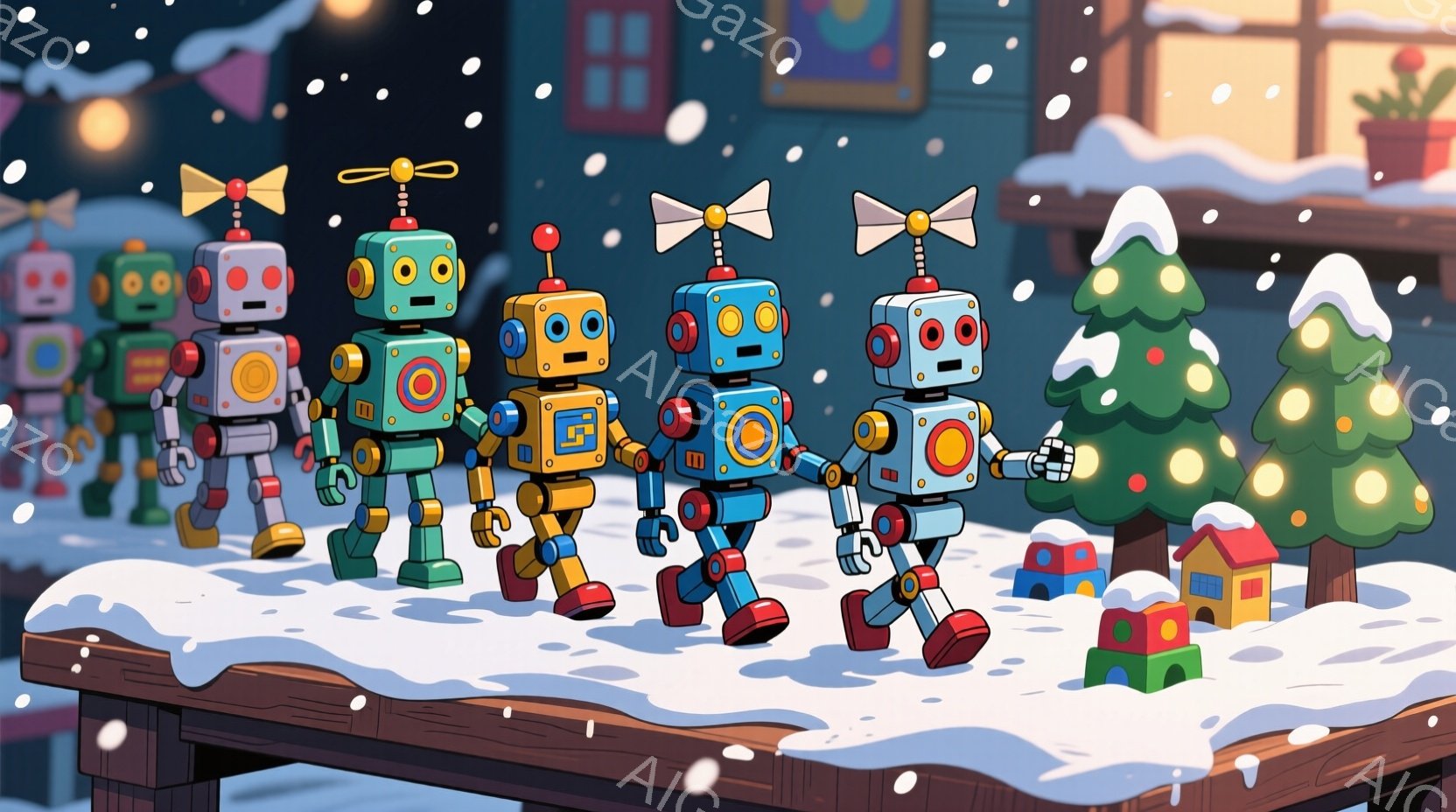 雪の降るテーブルの上に整列した、カラフルなロボットが4体描かれています。それぞれ異なる色のボディに、プロペラや蝶ネクタイなどの装飾が施されており、楽しげな表情をしています。背景には、装飾された家々とク - AI生成フリー素材