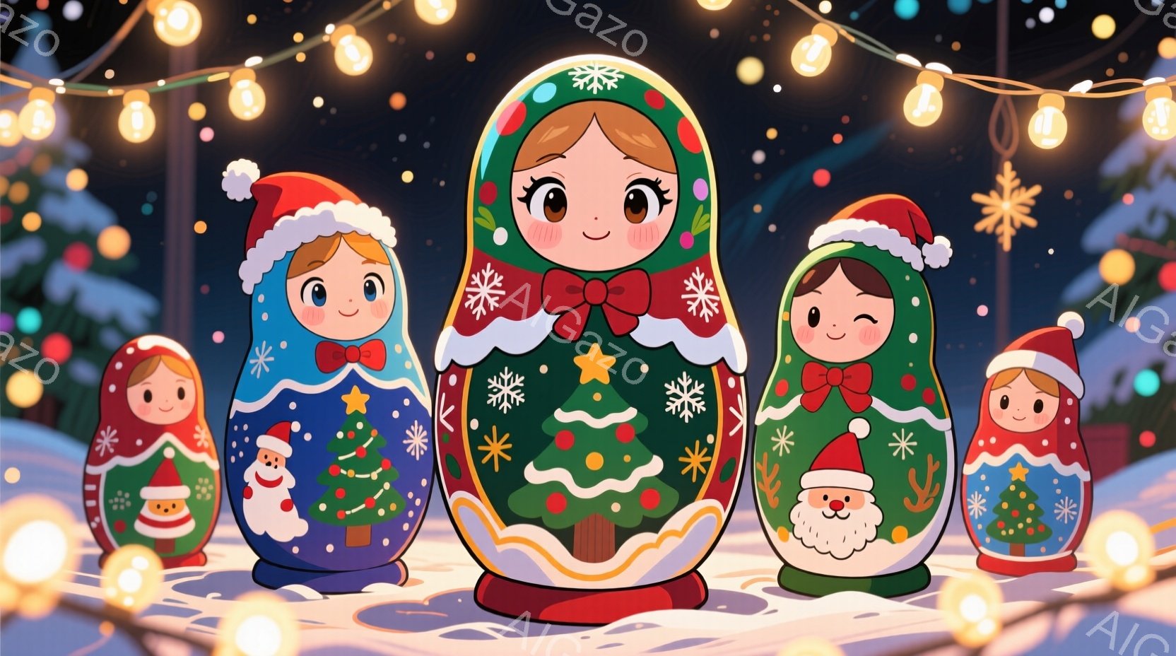 クリスマスの装飾が施されたマトリョーシカ人形が並んでいます。人形たちはそれぞれ赤い帽子をかぶり、緑や青の装飾が施された冬の衣装を着ています。背景には雪景色とキラキラと輝く光が描かれており、温かくお祝い - AI生成フリー素材
