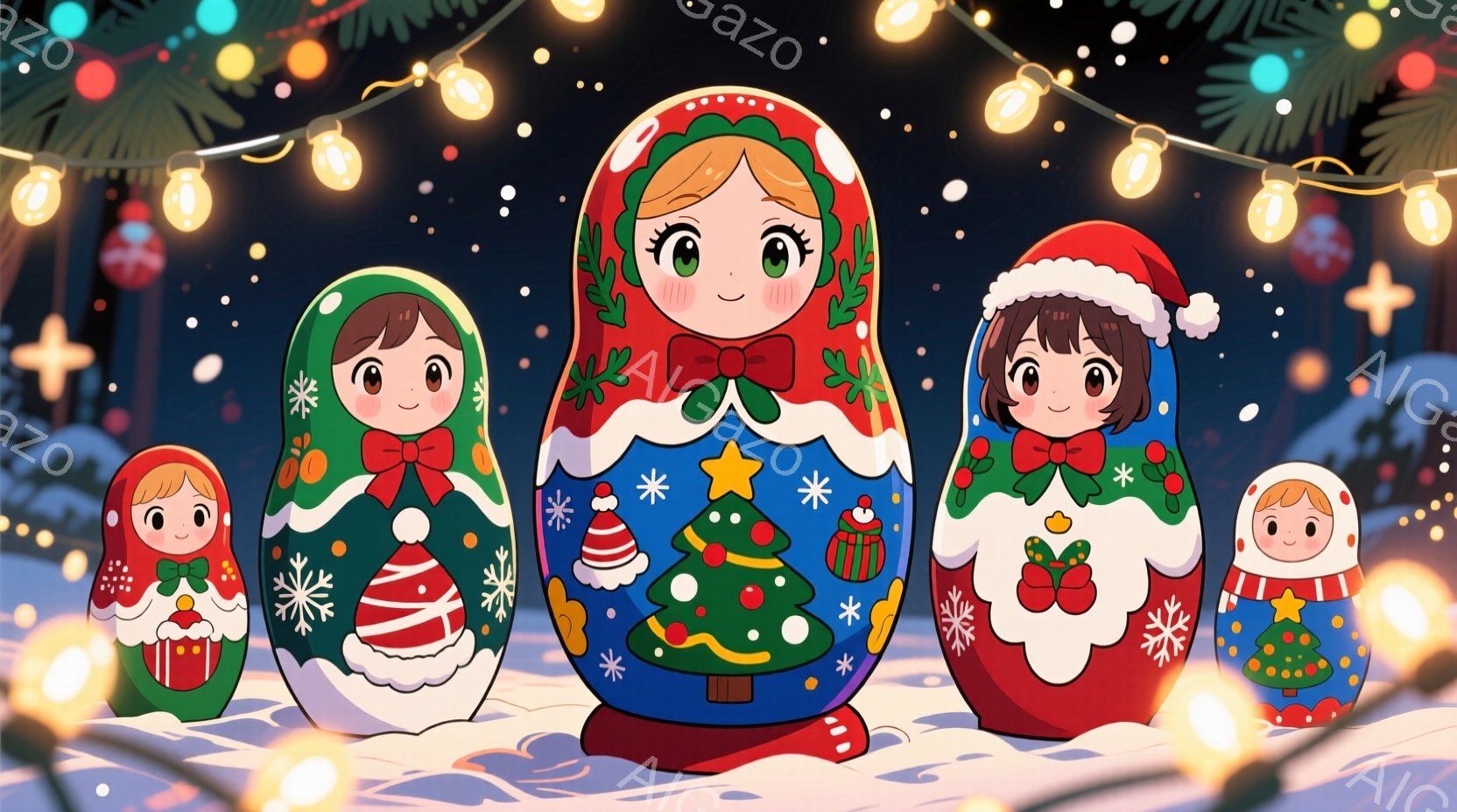 ロシアの入れ子人形「マトリオシカ」が雪景色の中で並んでいます。各人形はそれぞれ異なるクリスマスの装飾が施された洋服を着ており、可愛らしい表情をしています。背景には、ぼんやりとした建物と光るクリスマスツリーの飾りがあり、冬の暖かく幻想的な雰囲気を醸し出しています。