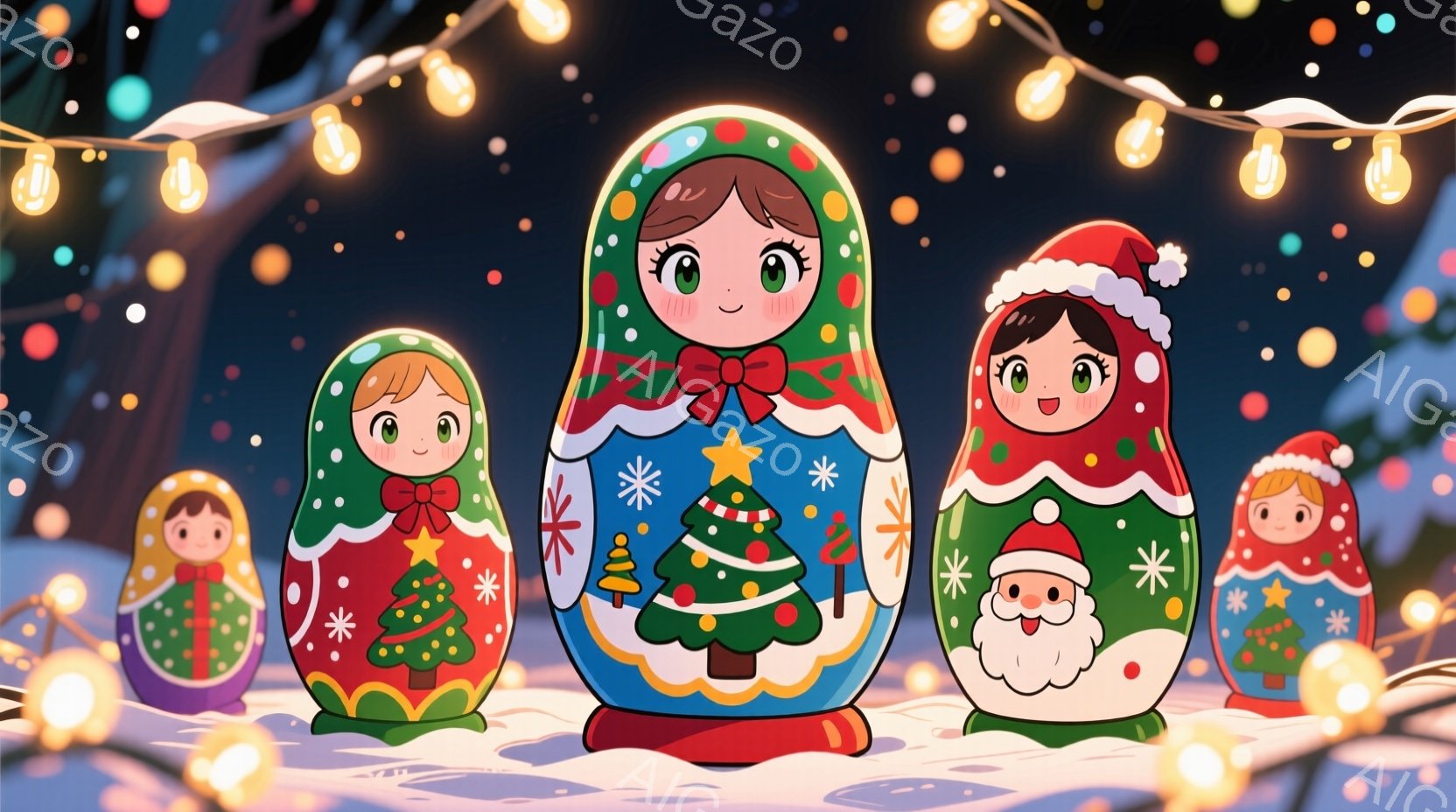 ロシアの入れ子人形をモチーフにした、クリスマスをテーマにしたイラストが描かれています。人形たちはそれぞれ異なるクリスマス柄の衣装を着ており、赤いリボンやサンタクロースの顔が描かれています。背景は雪景色で、キラキラと光る電球が飾られており、温かくお祝いムードに満ちた雰囲気が漂っています。