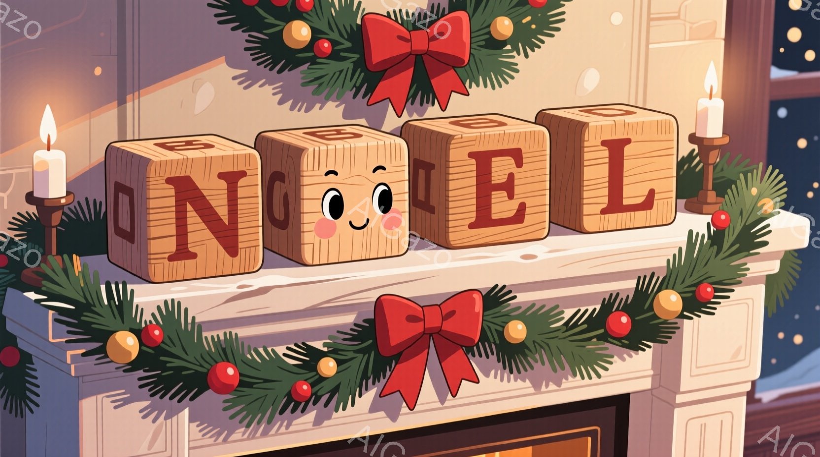 暖炉の上に「NOEL」と書かれた木製のキューブが並べられています。キューブの一つには可愛らしい顔が描かれており、周りには赤いリボンと緑の葉っぱで飾られたクリスマスガーランドが飾られています。暖炉の背景はぼんやりとしており、クリスマスの温かく穏やかな雰囲気を醸し出しています。