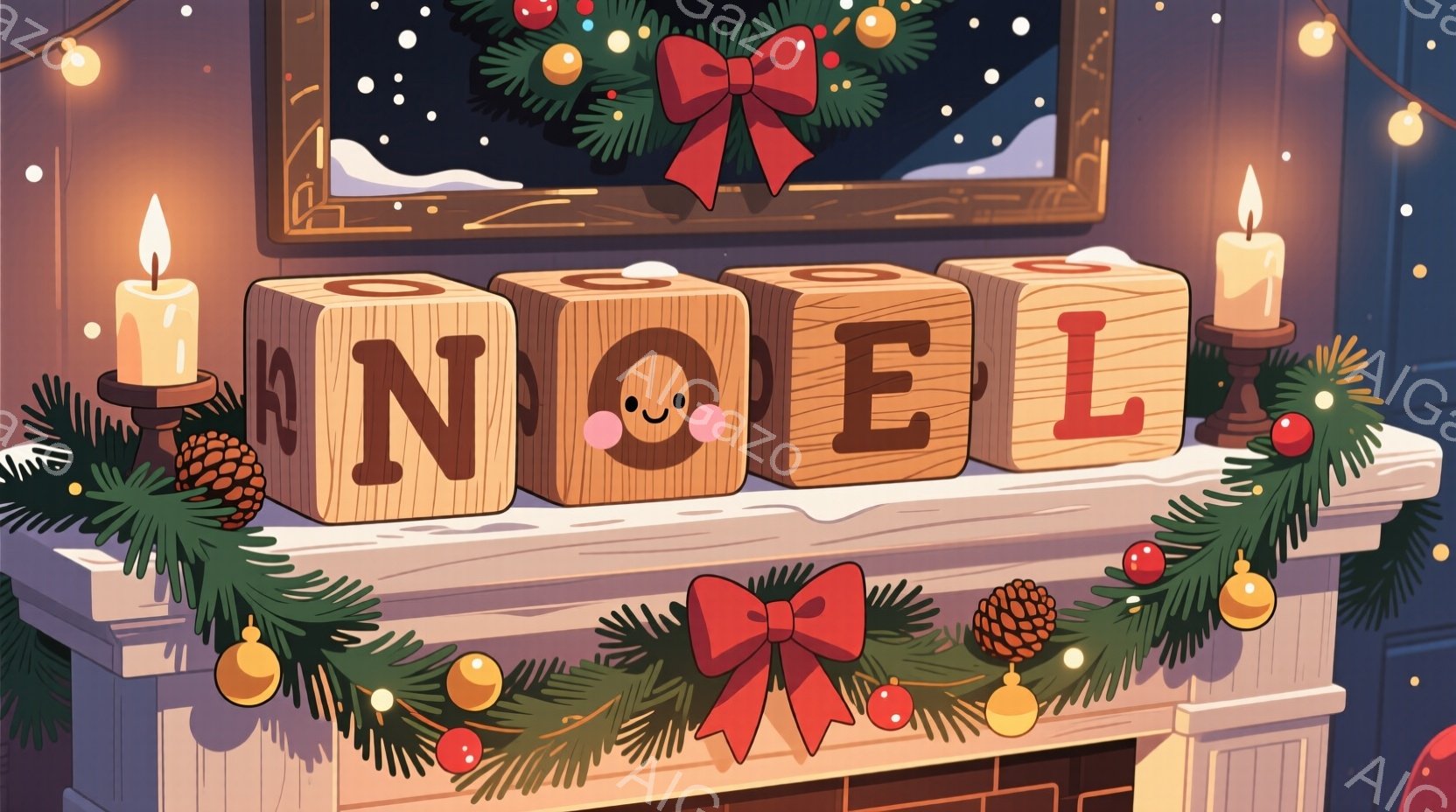 マントルピースの上に「NOEL」と書かれた木製のブロックが置かれており、可愛らしい笑顔の顔が「O」のブロックに描かれています。周囲にはクリスマスツリーの飾りのように、赤い実や松ぼっくり、そして緑の葉が飾られ、暖炉のオレンジ色の光が全体を温かい雰囲気に包んでいます。背景には赤いリボンが付いたクリスマスリースが見え、雪が舞う冬の夜を想起させる、穏やかで心地よい光景です。