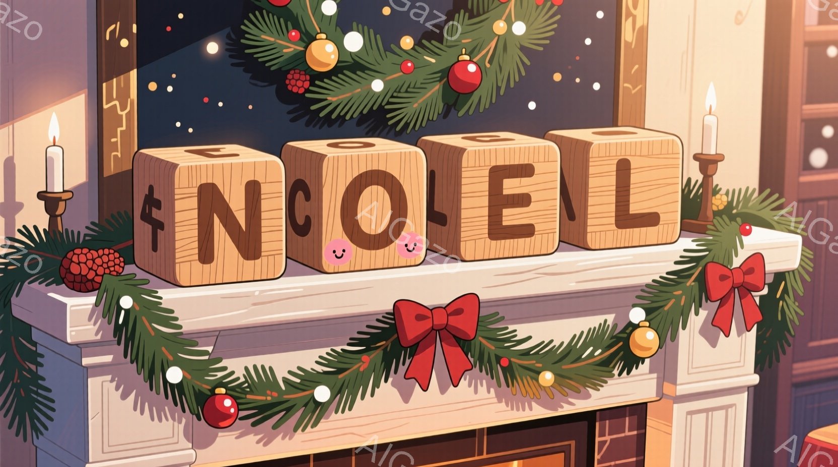 暖炉の上に「NOEL」と書かれた木製のキューブが飾られています。キューブには可愛らしい笑顔が描かれており、周囲には松のリースと赤い実、金色のオーナメントが飾られ、温かみのあるクリスマスの雰囲気を演出しています。背景には暖炉のレンガがうっすらと見え、全体的に落ち着いた色調で、ほっこりとしたクリスマスの光景が広がっています。