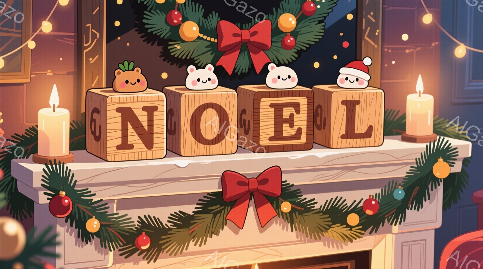 マントルピースの上に「NOEL」と書かれた立方体が並べられ、それぞれに雪だるまの顔が描かれています。背景には、赤いリボンと赤い実が飾られたクリスマスツリーの飾り付けが施され、暖炉の温かい光が全体を照らしています。クリスマスの温かく、お祝いの雰囲気を感じさせる、装飾的な画像です。