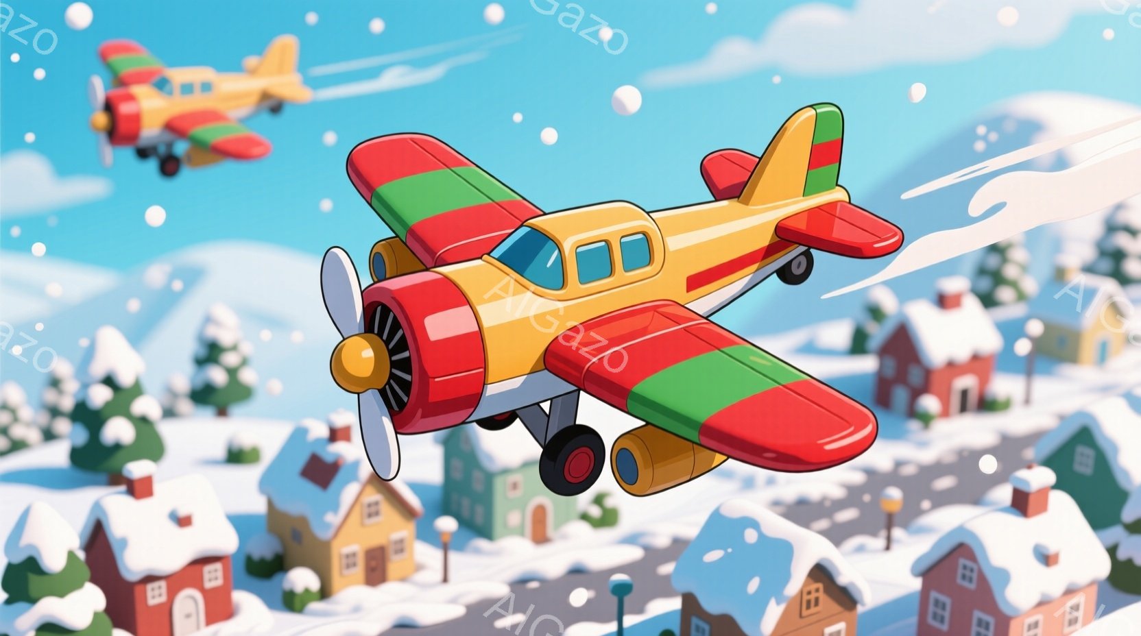 雪に覆われた町の上を、カラフルなプロペラ機が二機飛んでいる。建物は可愛らしいデザインで雪をかぶり、背景には雪山がそびえ立っている。全体的に暖かく、冬の楽しい雰囲気が漂うイラストである。