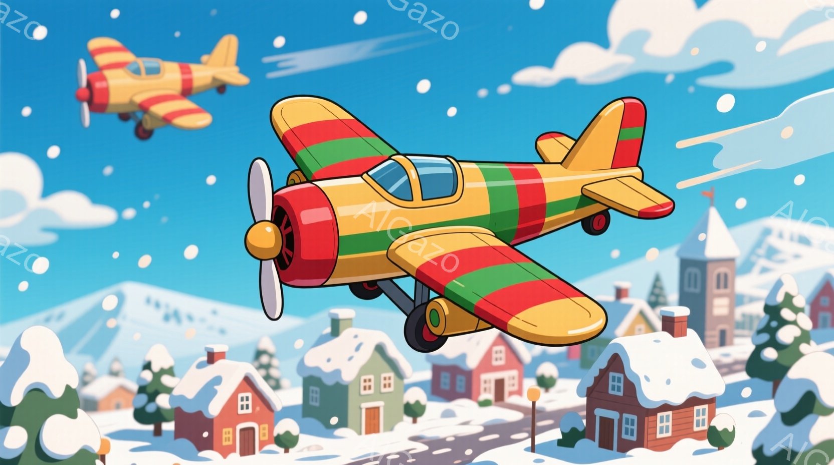 雪が舞う冬の風景の中に、カラフルなプロペラ機が2機描かれています。オレンジと赤、緑のストライプ模様が特徴的な飛行機は、雪に覆われた町の上空を飛んでいます。背景には、雪を頂いた山々と可愛らしい家々が並び、全体的に暖かく幻想的な雰囲気を醸し出しています。