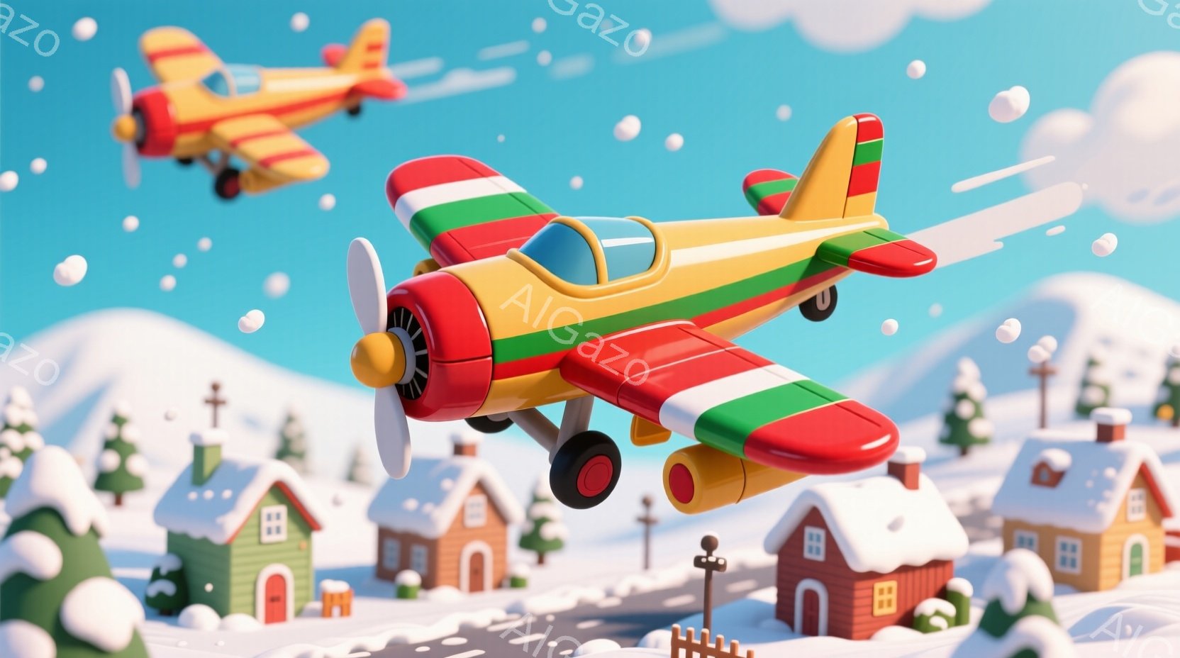 雪景色の中に、赤、緑、黄色を基調とした可愛らしいプロペラ機が二機、活発に飛び交っている様子が描かれている。下には、雪を頂いた屋根を持つカラフルな家々が並び、背景には雪をまとった山々が広がり、全体的に温かく、遊び心溢れる雰囲気である。雪が舞い散る様子が、冬の暖かな情景を強調している。