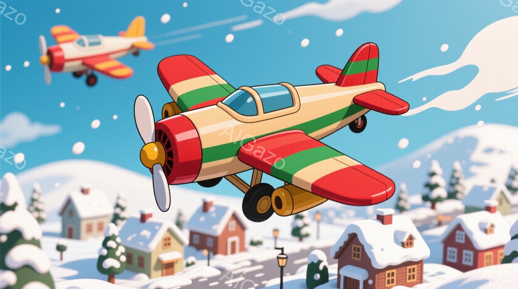 雪景色の中に、カラフルなプロペラ機が2機飛んでいるイラストです。建物は可愛らしいデザインで、雪をかぶった屋根と装飾が施され、冬の暖かさを感じさせます。背景には雪に覆われた松の木や、雪が降る空が描かれ、全体的に温かく、遊び心のある雰囲気が漂っています。