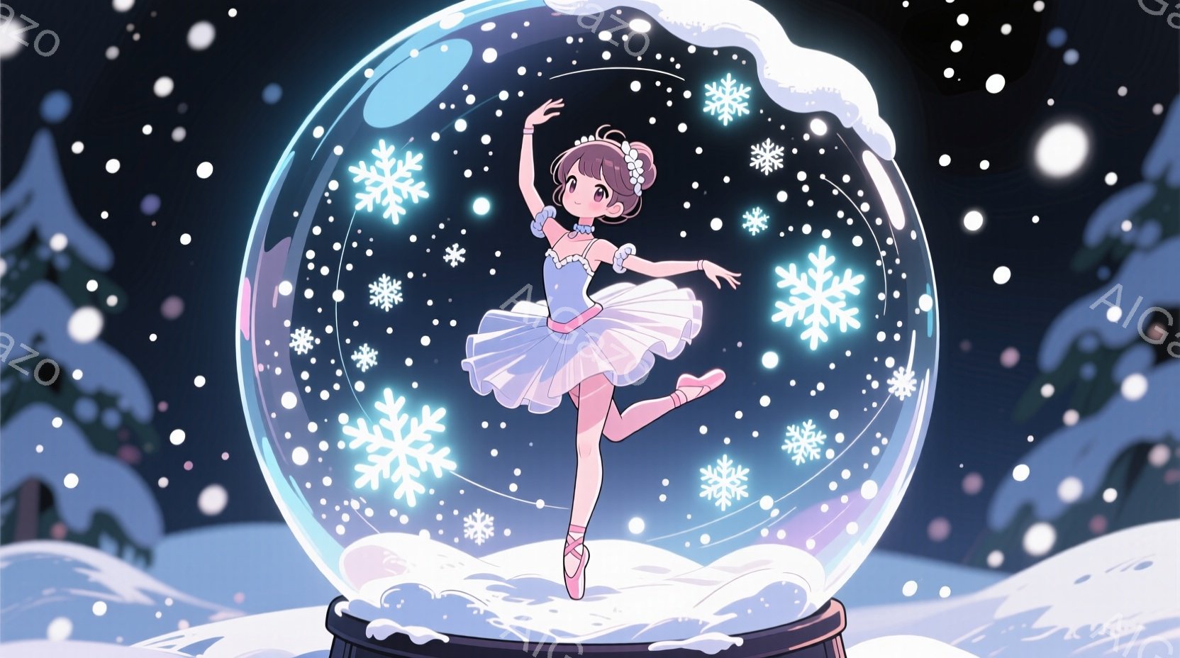 雪の結晶が舞うガラスの球の中にいるバレリーナが描かれています。彼女はピンクのチュールスカートと白いトップスを着ており、頭を高く上げ、片足を上げて優雅なポーズをとっています。背景には雪景色と針葉樹林が見え、全体的に幻想的で冬の雰囲気を感じさせます。