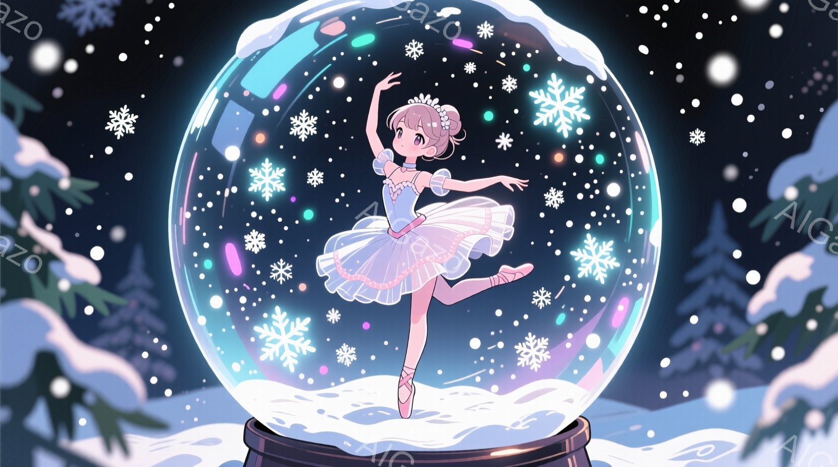 雪の結晶が舞うスノーグローブの中にいる、バレリーナの少女が描かれています。彼女はピンク色のチュールスカートと白いトップスを着ており、頭にはリボンをつけて三つ編みの髪型をしています。優雅なポーズで片足を上げ、バレエのポーズをとっており、全体的に幻想的で可愛らしい雰囲気が漂っています。