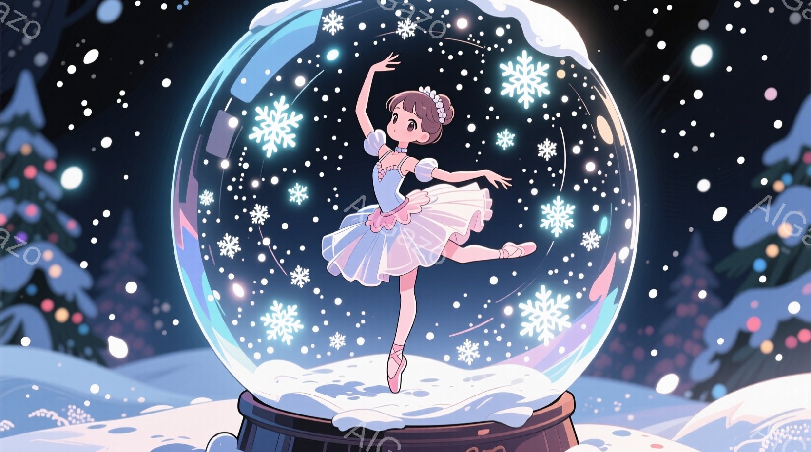 雪が舞う背景の中に置かれたガラス球の中に、バレリーナが優雅なポーズで踊っています。ピンク色のチュールスカートと白いトップスを身につけ、髪は後ろでまとめられています。背景には雪景色が広がり、暖かく幻想的な雰囲気を醸し出しています。