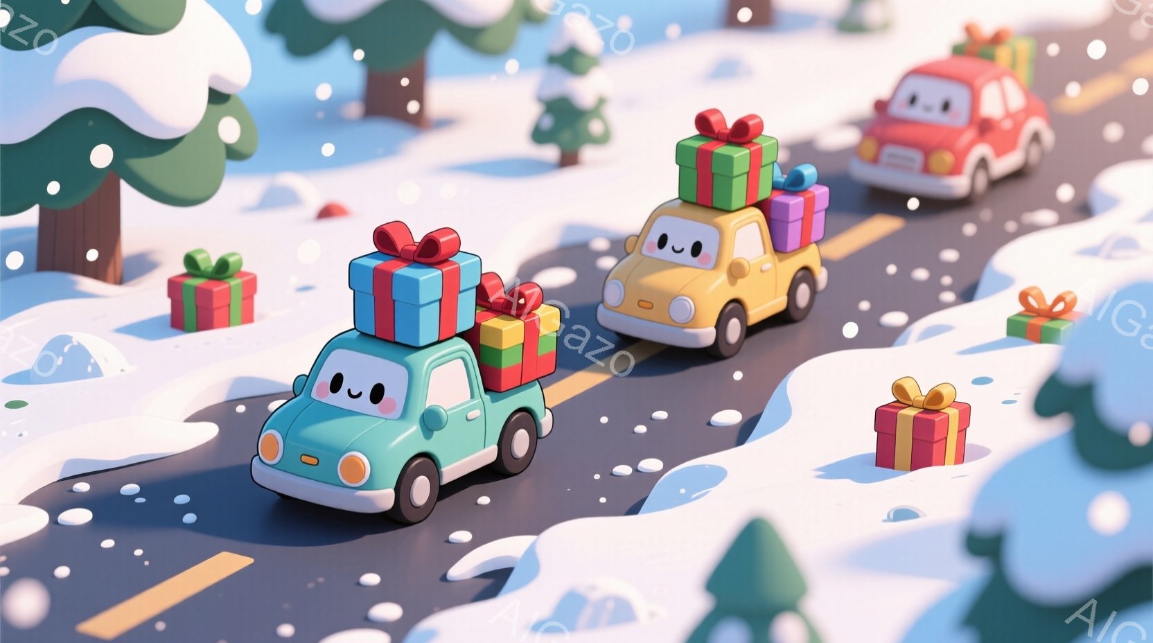 雪景色の中に、プレゼントを積んだ可愛らしい車が並んでいます。緑、黄色、赤色の車はそれぞれ笑顔で、まるでクリスマスのお祝いに向かっているかのようです。背景には雪に覆われた木々があり、全体的に温かく、お祭 - AI生成フリー素材