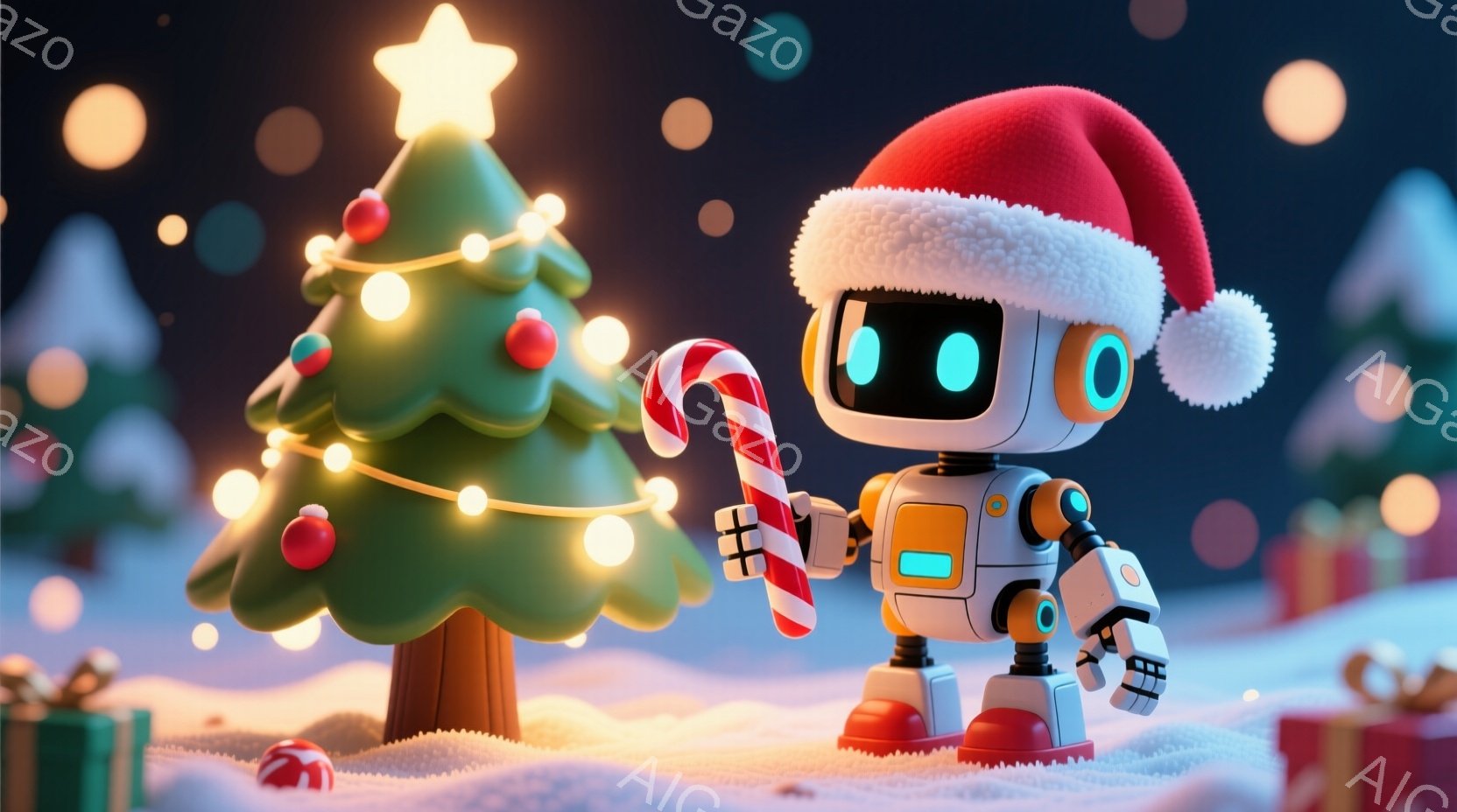 白い雪景色の中に、クリスマスの飾り付けられた小さなモミの木と、赤いサンタ帽をかぶったロボットが立っている。ロボットは片手にキャンディケーンを持ち、楽しそうにこちらを見ているようなポーズをとっている。背 - AI生成フリー素材