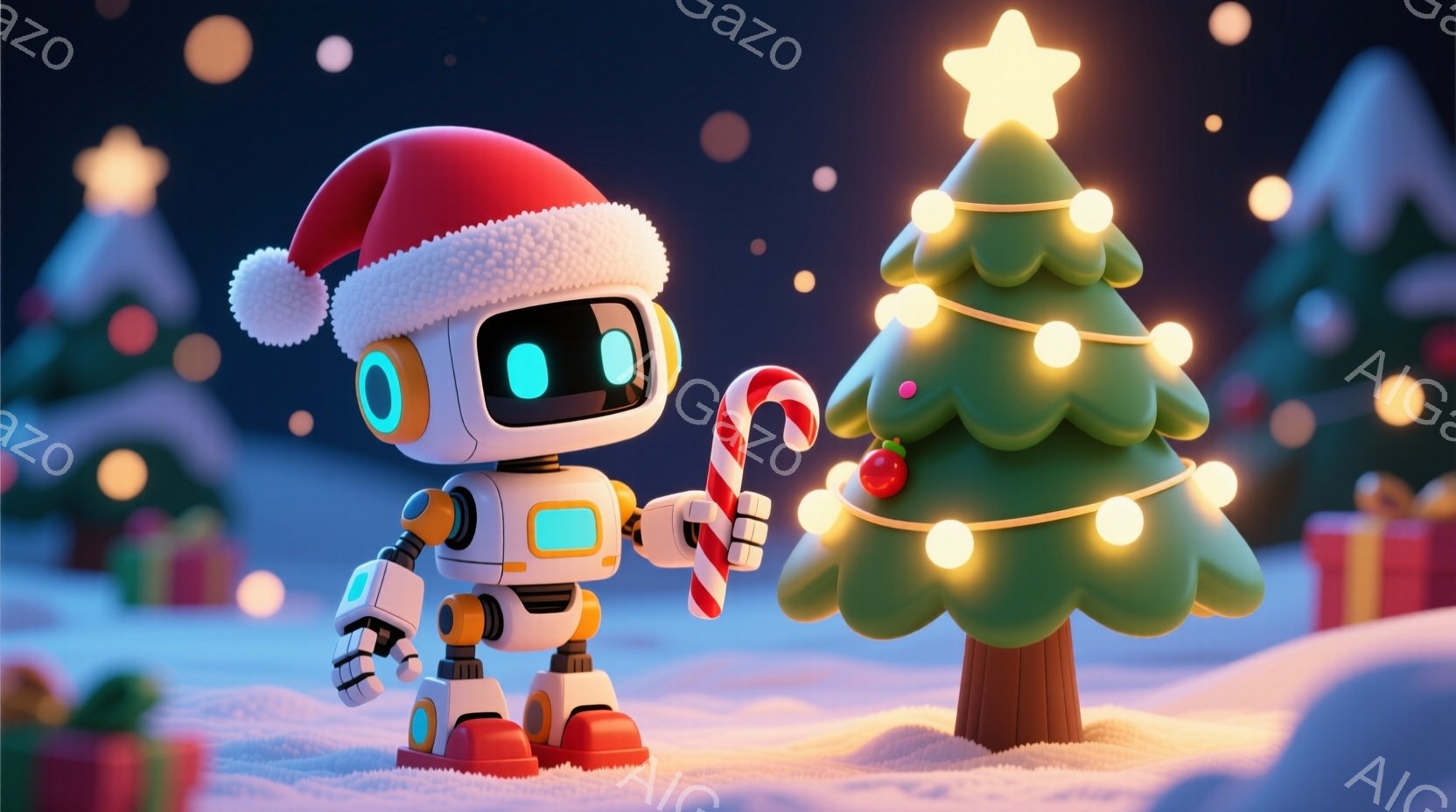クリスマスの帽子をかぶったロボットが描かれており、片手にキャンディケーンを持っています。背景には、電飾で飾られたクリスマスツリーと、プレゼント箱がいくつか配置された雪景色が広がっています。全体的に暖か - AI生成フリー素材