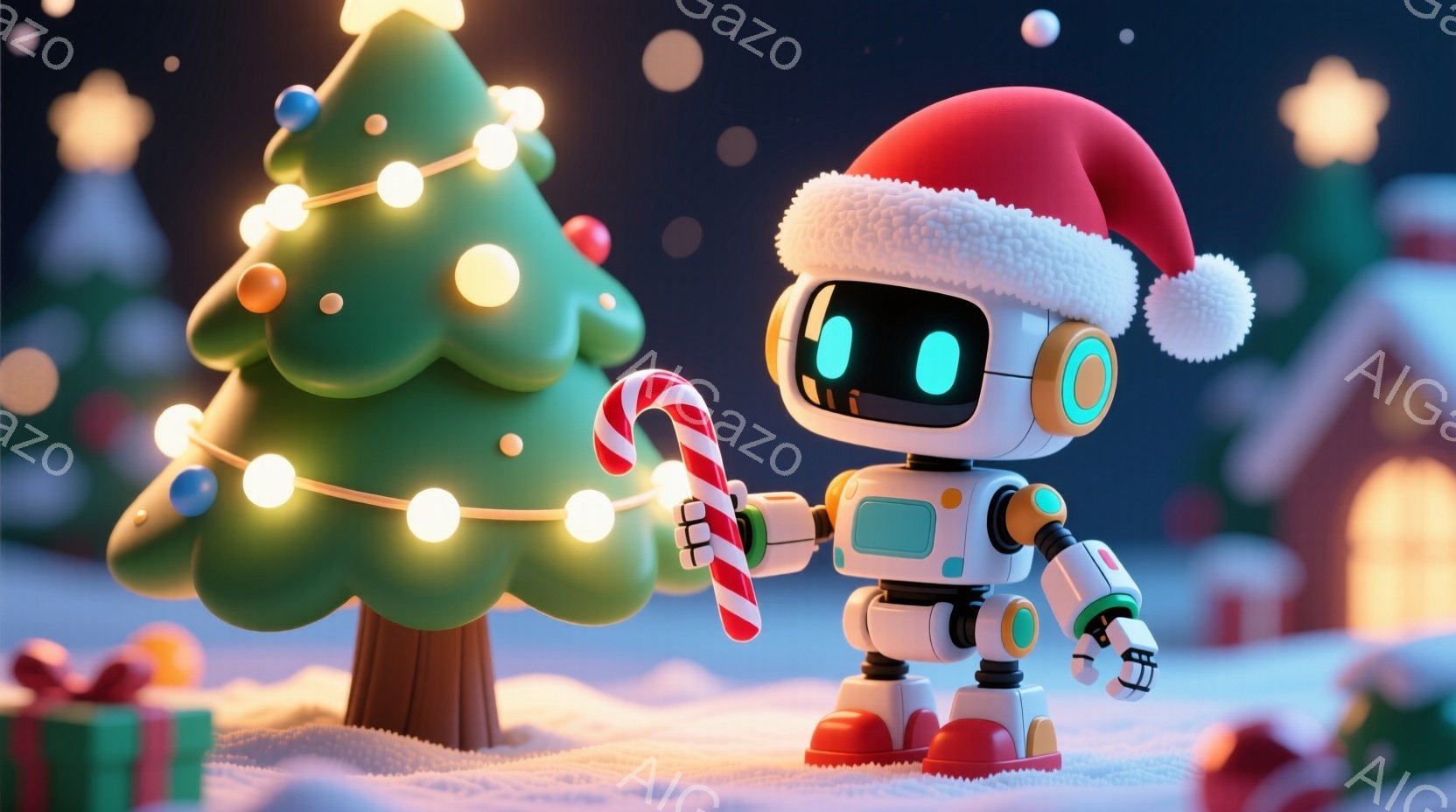 白い雪景色の中に、サンタ帽をかぶったロボットが立っています。ロボットは片手にキャンディケーンを持ち、明るい表情でこちらを見ているようです。背景にはクリスマスツリーやプレゼントボックス、そして可愛らしい - AI生成フリー素材