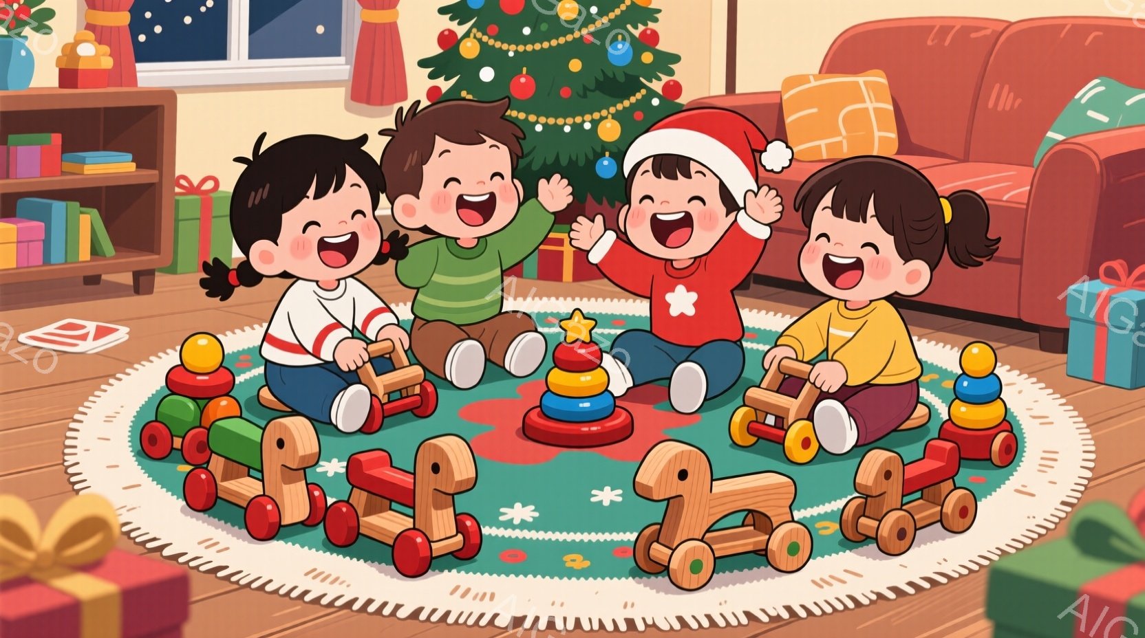 暖炉のある部屋の中央で、４人の子供たちが円形のラグの上で木製の馬のおもちゃで遊んでいます。子供たちはそれぞれ異なる色の服を着ており、笑顔で楽しんでいます。背景にはクリスマスツリーやプレゼントボックスが - AI生成フリー素材