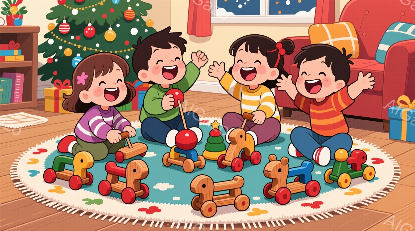 緑色のカーペットの上に、可愛らしいテディベアが4匹並んでいます。それぞれ赤いリボンを首に巻き、丸い体で座っており、表情は穏やかで愛らしいです。背景にはクリスマスプレゼントやキャンディケーンが散らばり、 - AI生成フリー素材