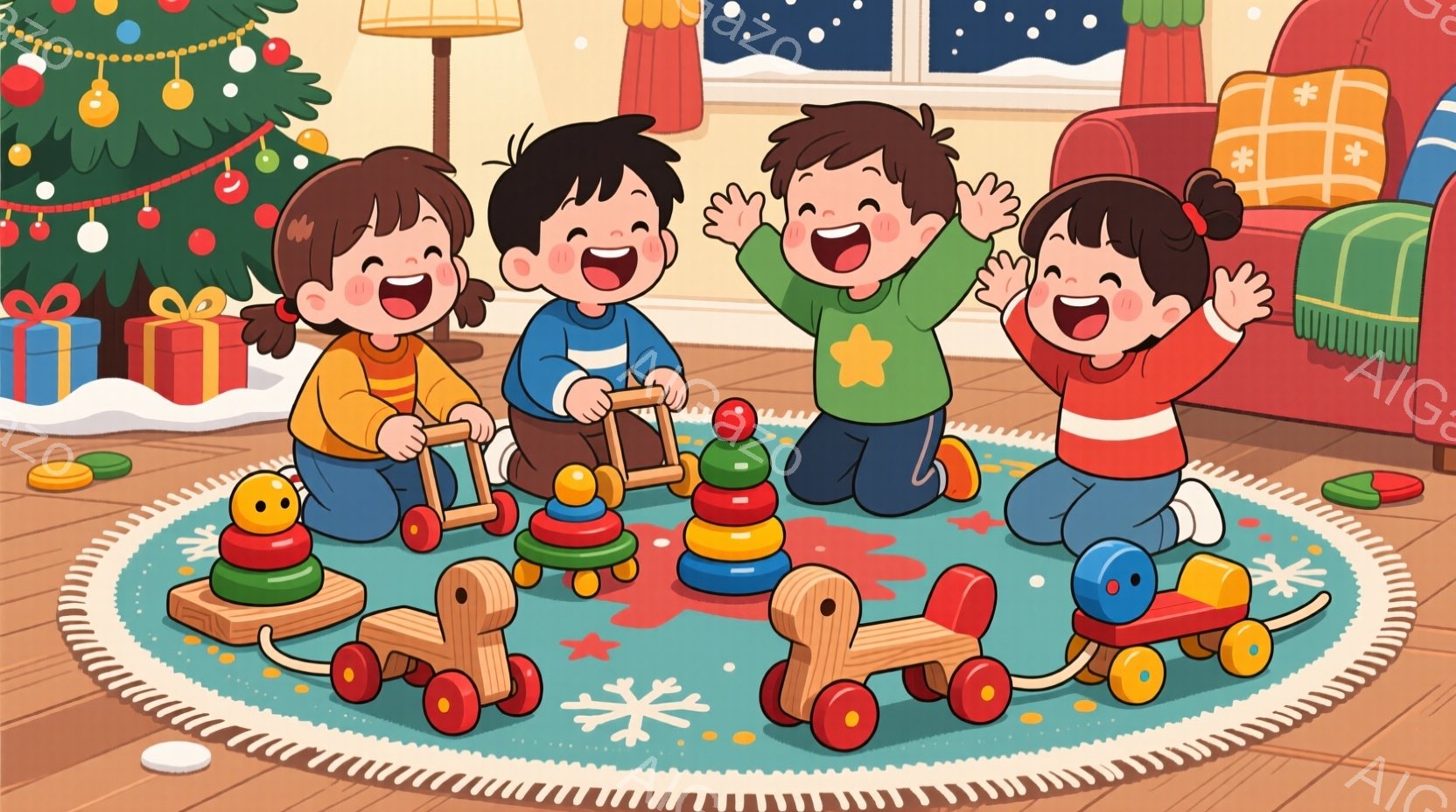 ４人の子供たちが円形のラグの上で木製の玩具で遊んでいます。彼らはそれぞれ異なる色の服を着ており、皆笑顔で、楽しそうに遊んでいます。背景にはクリスマスツリーとプレゼント、そして暖炉が見え、全体的に温かく幸せな雰囲気が漂っています。