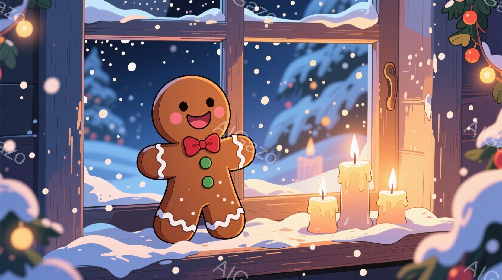 ジンジャーブレッドマンが雪景色を背景に窓辺に立っている。彼は赤いリボンと緑のボタンを身に着け、笑顔で両手を広げている。外は雪が降り積もり、ぼんやりとした光の点と、窓枠に飾られた赤い実が冬の暖かく心地よ - AI生成フリー素材