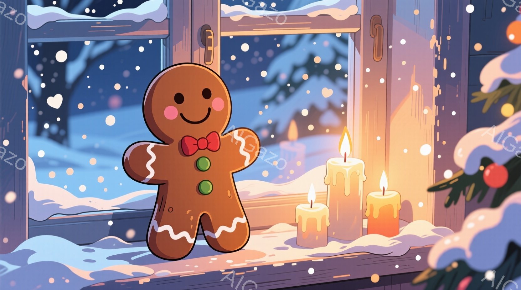 ジンジャーブレッドクッキーが窓辺に立っており、赤いリボンと緑色の飾りで可愛らしく飾られています。外は雪が降り積もり、窓の外には雪景色が広がり、暖かく優しい光を放つキャンドルが置かれています。全体的に、 - AI生成フリー素材