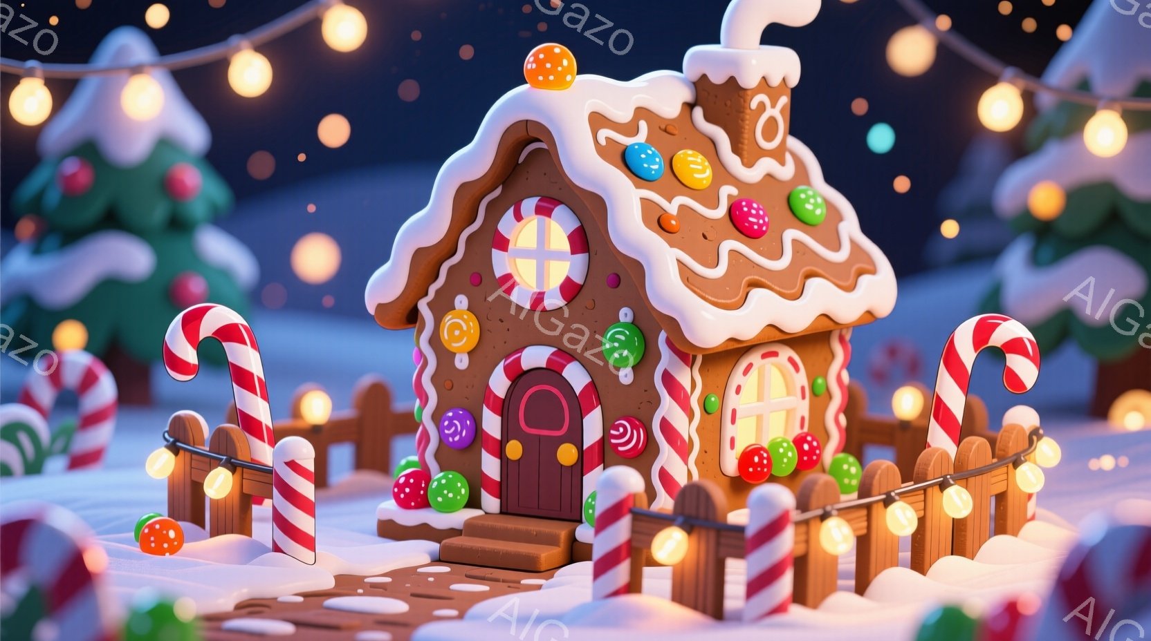 暖かく可愛らしいジンジャーブレッドハウスが雪景色の中に建っています。キャンディケーンの柵と光る電球で囲まれ、屋根にはカラフルなキャンディが飾られています。背景には雪に覆われた木々が見え、全体的に暖かく - AI生成フリー素材