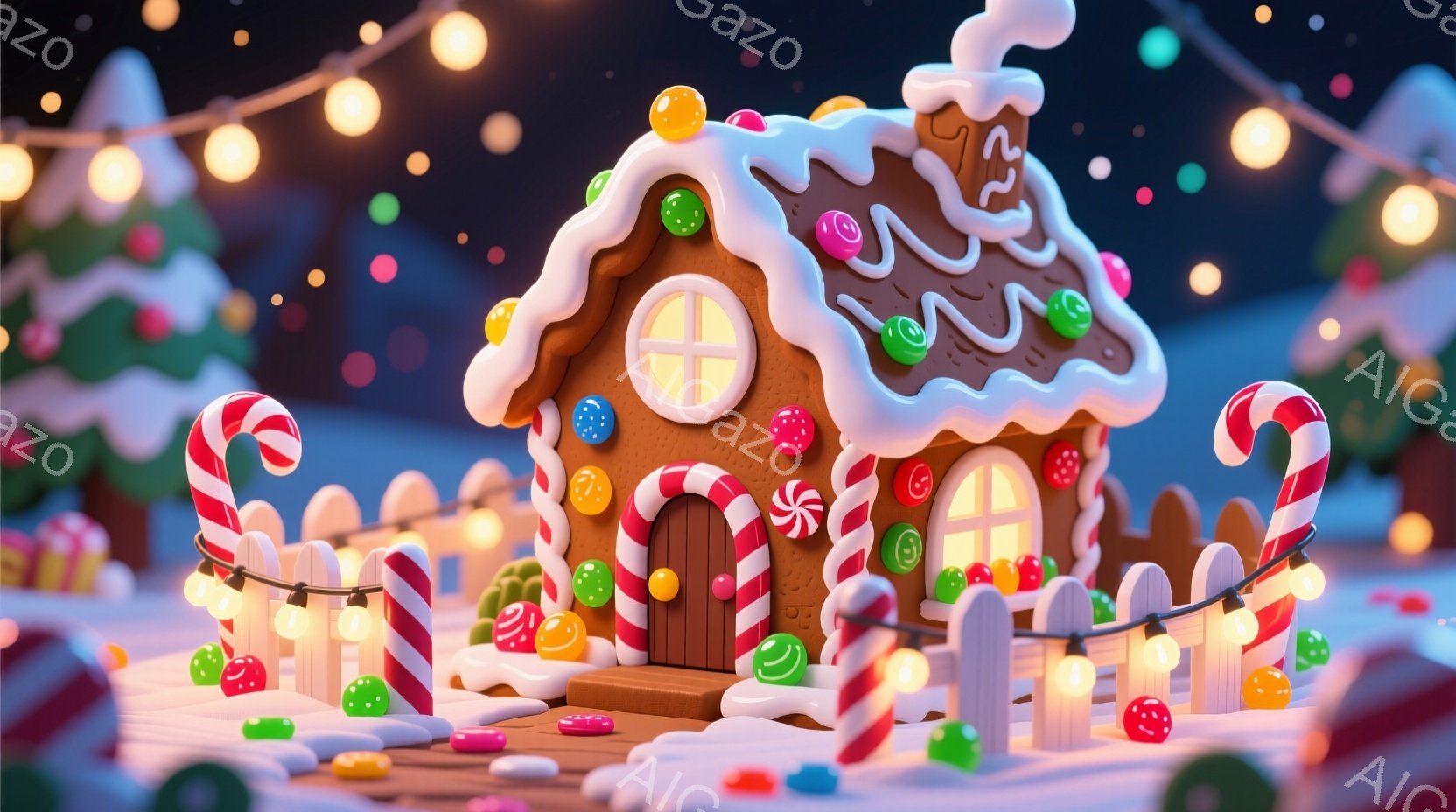 チョコレート色をしたジンジャーブレッドハウスが雪景色の中にあります。カラフルなキャンディーやグミが家の周りに散らばり、ペパーミントキャンディの柵と電飾で囲まれています。背景には雪をまとった木々が見え、 - AI生成フリー素材