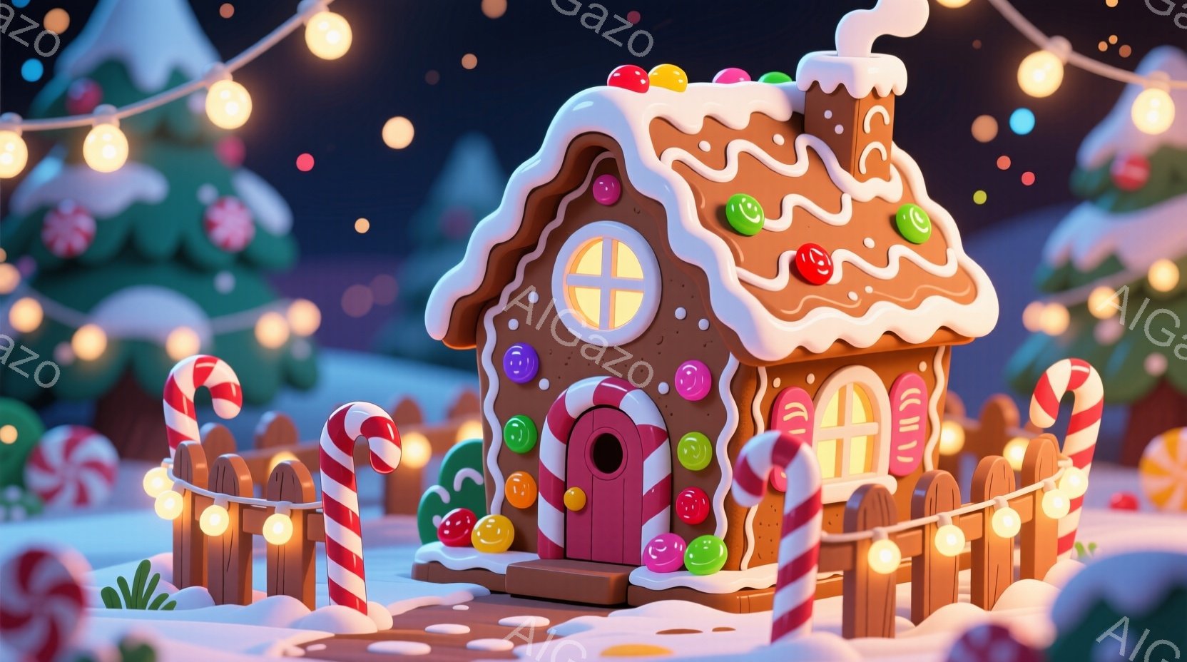 キャンディやグミで飾られたジンジャーブレッドハウスを描いています。雪が降り積もった庭には、ペパーミントの杖でできたフェンスがあり、小さな光が点在する暖かい雰囲気です。背景には、雪景色の中に緑色の木々が見え、全体的に冬の楽しいお菓子の国の雰囲気を醸し出しています。