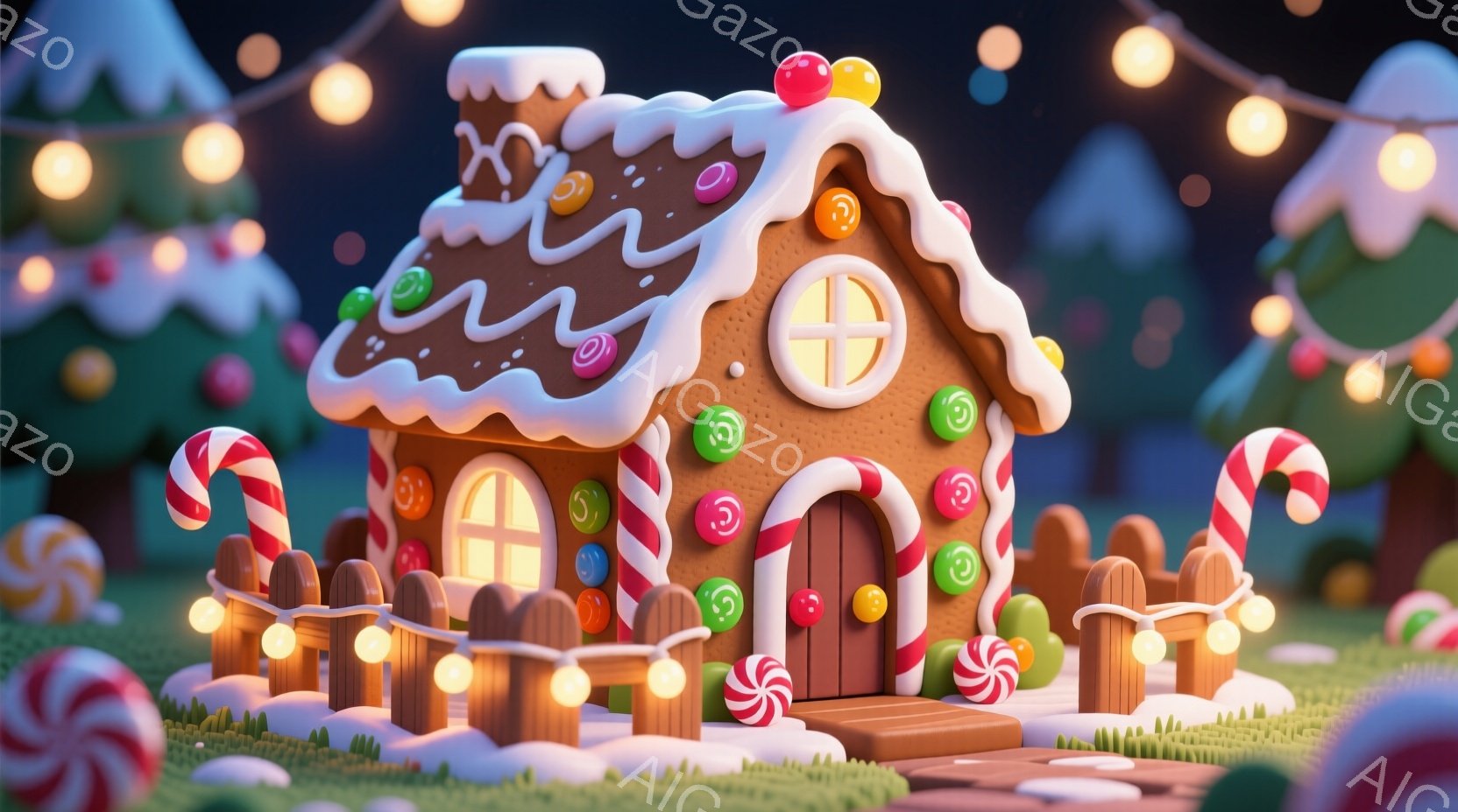 暖かく可愛らしいジンジャーブレッドハウスが、雪景色の中に建っています。屋根は白いアイシングで覆われ、カラフルなキャンディーやグミで飾られ、まるで絵本から飛び出してきたようです。周りにはペパーミントキャンディーの棒や、光る電球が配置され、冬の暖かい雰囲気を醸し出しています。
