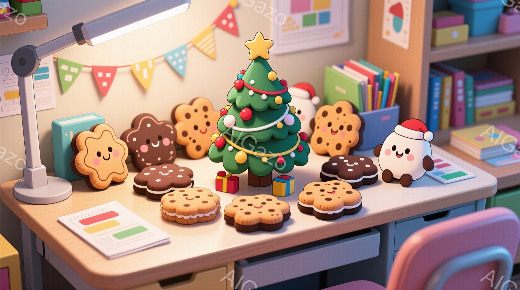 明るい机の上に、クリスマスツリーと様々な可愛らしいクッキーが並べられています。クッキーはそれぞれ表情豊かで、まるで生きているかのようです。背景には本棚や机の引き出しが見え、暖かく楽しいクリスマスの雰囲 - AI生成フリー素材