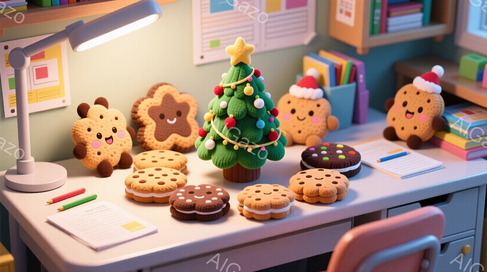 机の上に、クリスマスのクッキーやジンジャーブレッドマンが並んでいます。緑色のクリスマスツリーのクッキーが中央にあり、カラフルなライトで飾られています。背景には本棚と文房具があり、暖かく、お祝いの雰囲気です。