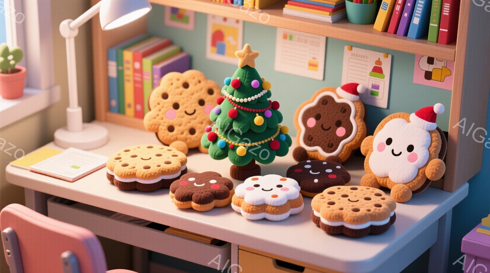 机の上に、様々な種類のクッキーがかわいく並んでいます。クリスマスツリーの形のクッキーもあり、まるで小さなクリスマスパーティーのようです。背景には本棚やランプがあり、暖かく穏やかな雰囲気が漂っています。