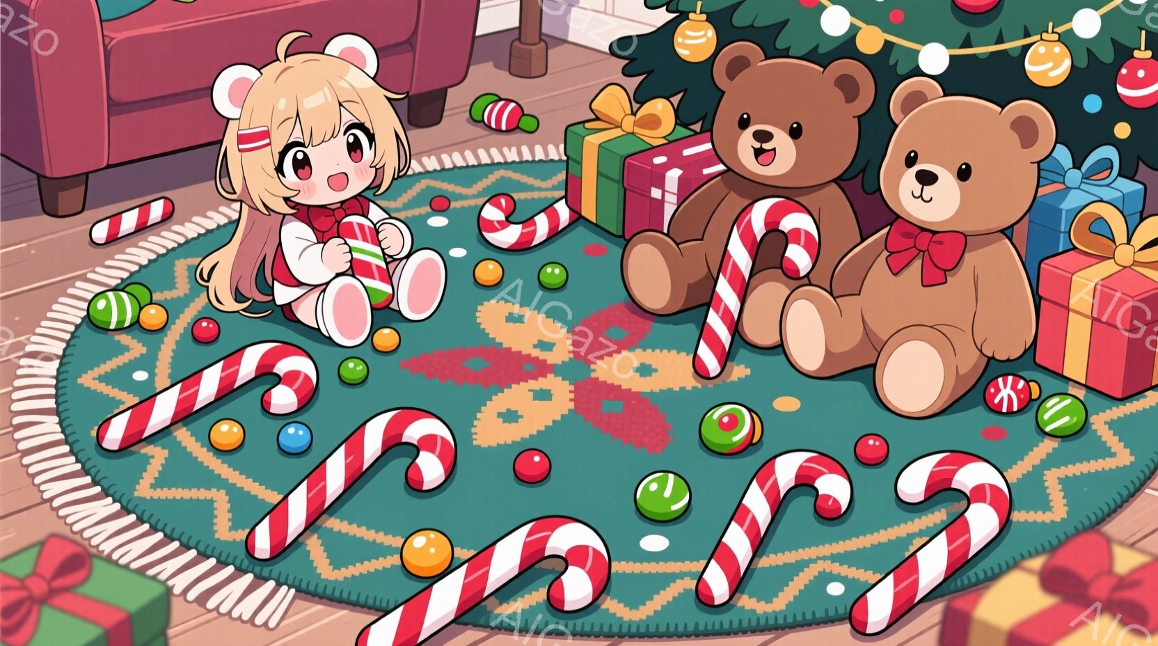 金髪碧眼の少女が、赤いワンピースと白いニーハイソックス、頭には赤いリボンをつけて床に座っています。周りにはキャンディケーンやオーナメントが散らばり、大きなテディベアとクリスマスツリーが背景にあります。全体的に、クリスマスの暖かい雰囲気と、少女の可愛らしさが際立つ画像です。
