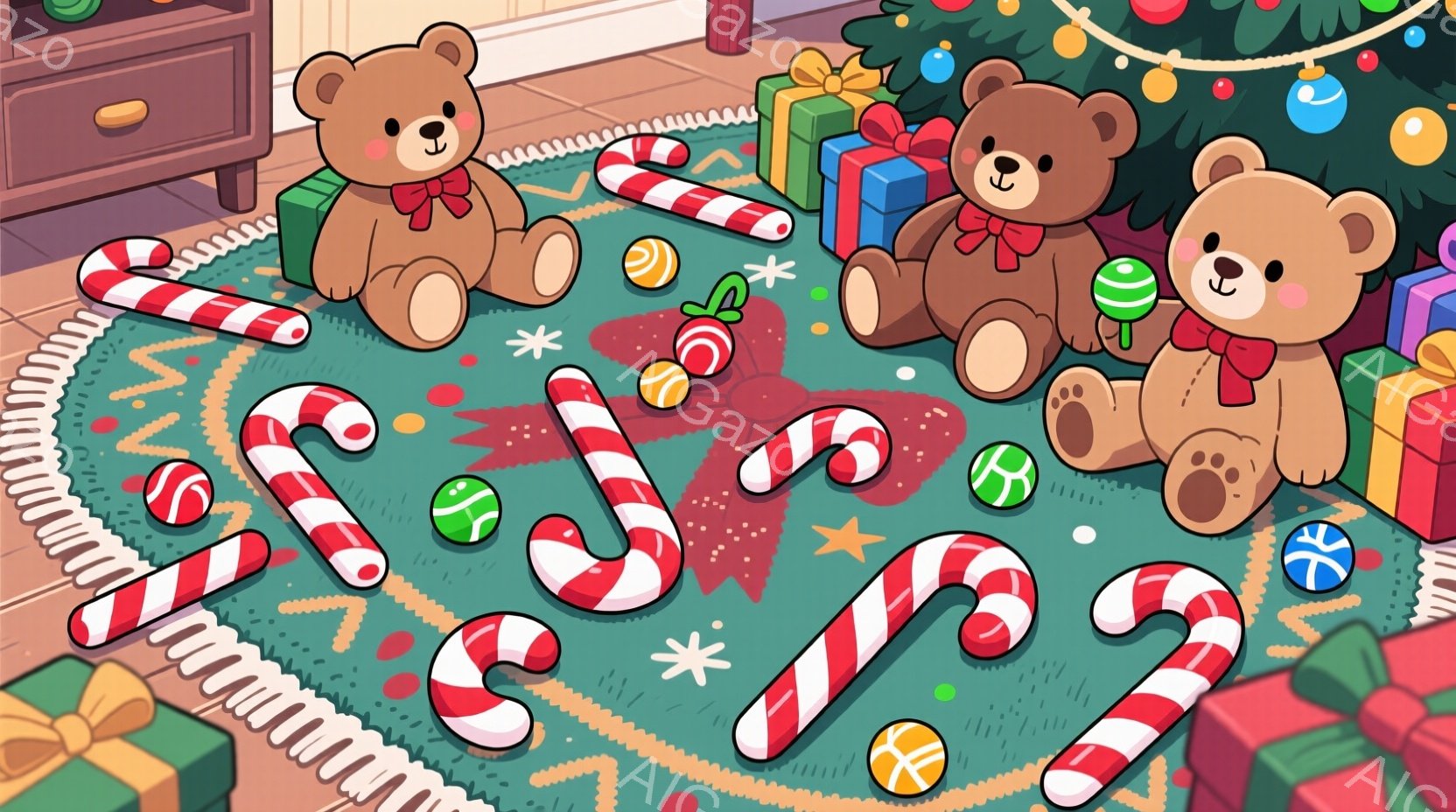 鮮やかな緑色のカーペットの上に、クリスマスのお菓子や飾り、そして可愛らしいテディベアたちが散らばっています。テディベアたちはそれぞれ赤いリボンを首に巻いており、楽しげな表情をしています。背景には、プレ - AI生成フリー素材