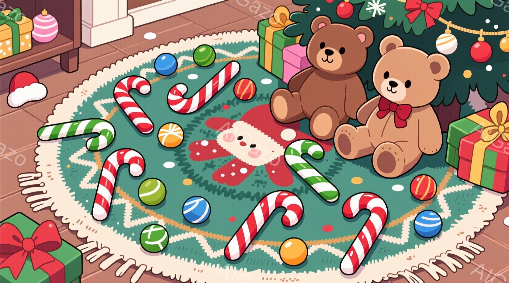 クリスマスツリーの周りにキャンディケーンやオーナメントが散りばめられた、ホリデーシーズンのイラストです。茶色のテディベアが赤いリボンをつけ、プレゼントに囲まれてリラックスした姿勢で座っています。背景に - AI生成フリー素材