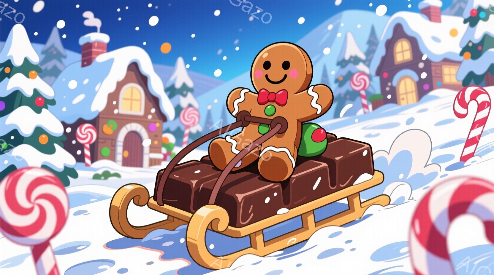 ジンジャーブレッドマンがチョコレートで作られたソリに乗って雪の上を滑っています。背景には、雪で覆われた屋根を持つ可愛らしい家々が並び、キャンディケーンが点在しています。全体的に暖かく、お祝いムードにあふれたクリスマスの光景です。