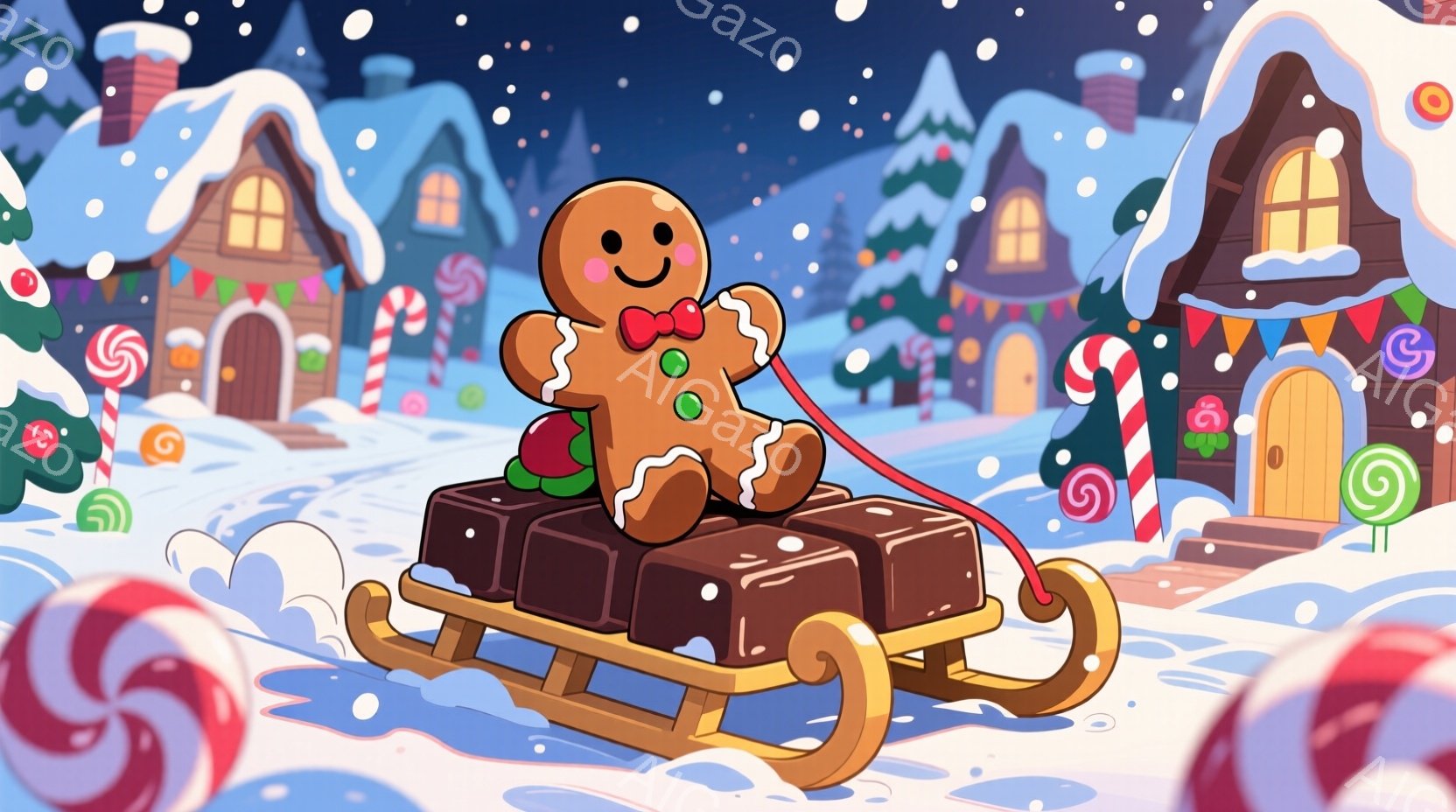 ジンジャーブレッドマンがソリに乗って雪景色の中を滑っています。彼は赤いリボンをつけていて、笑顔でリラックスした表情をしています。背景には、雪で覆われた屋根を持つ可愛らしい家々が並び、キャンディーケーンや飾りが散りばめられ、冬の暖かく楽しい雰囲気が漂っています。