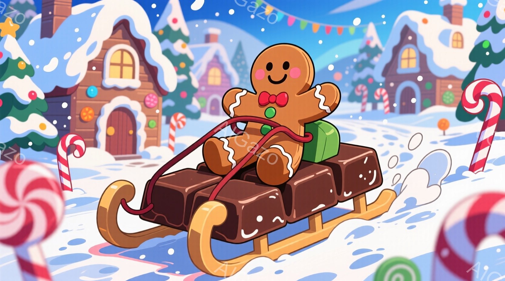 ジンジャーブレッドマンが、チョコレート色のそりに乗って雪の上を滑っています。彼は赤いリボンを身に着け、満面の笑みを浮かべています。背景には、可愛らしい家々やキャンディケーン、そして雪が降る冬の景色が広がっています。
