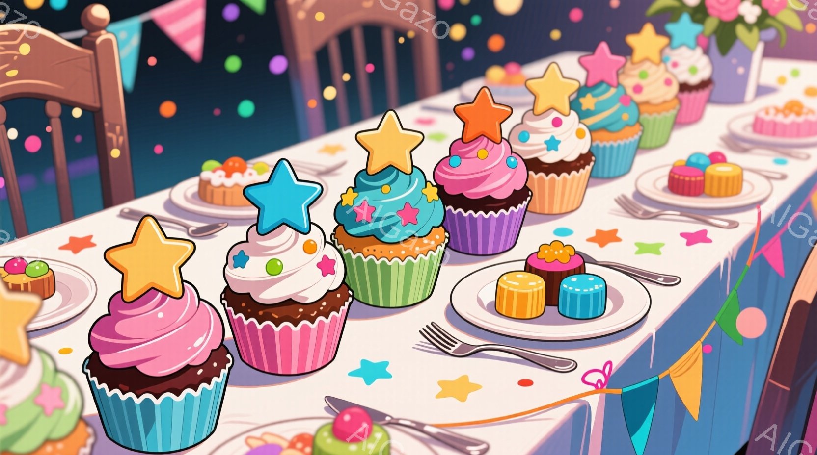 テーブルの上には、カラフルなカップケーキや小さなケーキが所狭しと並べられています。ピンク、紫、緑など様々な色のクリームと星形のトッピングが可愛らしく、お祝いの雰囲気を演出しています。背景には、カラフルな旗が飾られ、お誕生会やパーティーのような楽しい光景が広がっています。