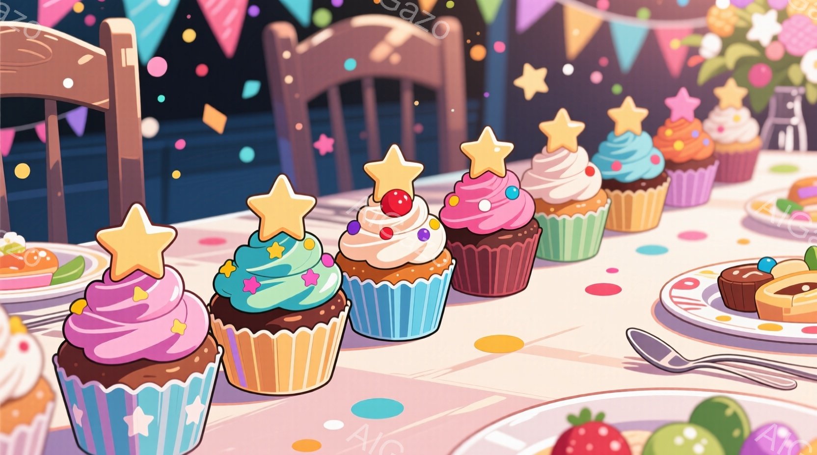 テーブルの上には、色とりどりのクリームと星型のトッピングが施されたカップケーキが整然と並んでいます。背景には、お祝いの旗や装飾がぼんやりと見え、お皿にはケーキやイチゴが置かれており、お祭りや誕生日パー - AI生成フリー素材