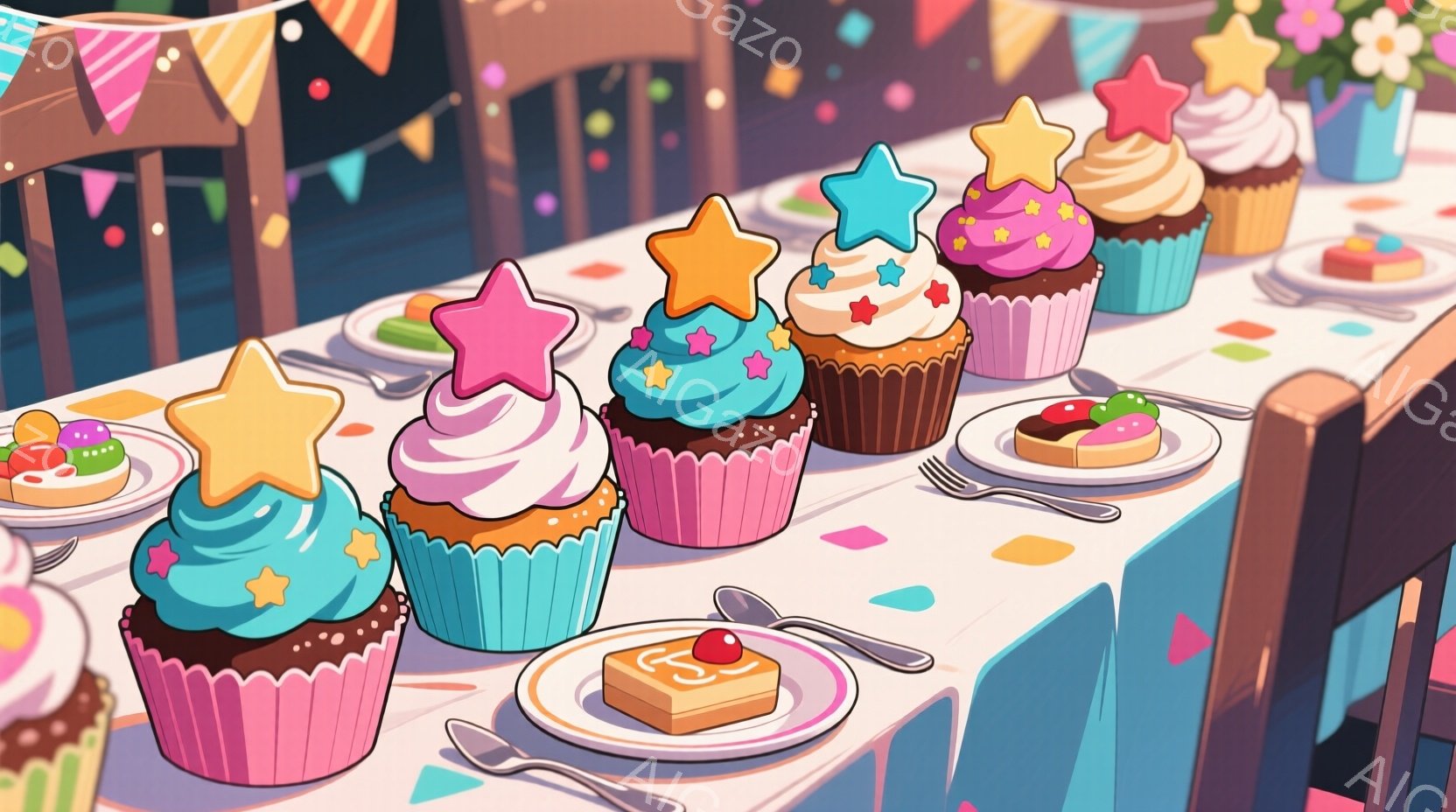 カラフルなカップケーキがテーブルの上に並べられています。ピンク、水色、茶色などの色とりどりのクリームと、星形のトッピングが可愛らしいです。背景には、カラフルな旗が飾られており、お祝いの雰囲気です。 - AI生成フリー素材