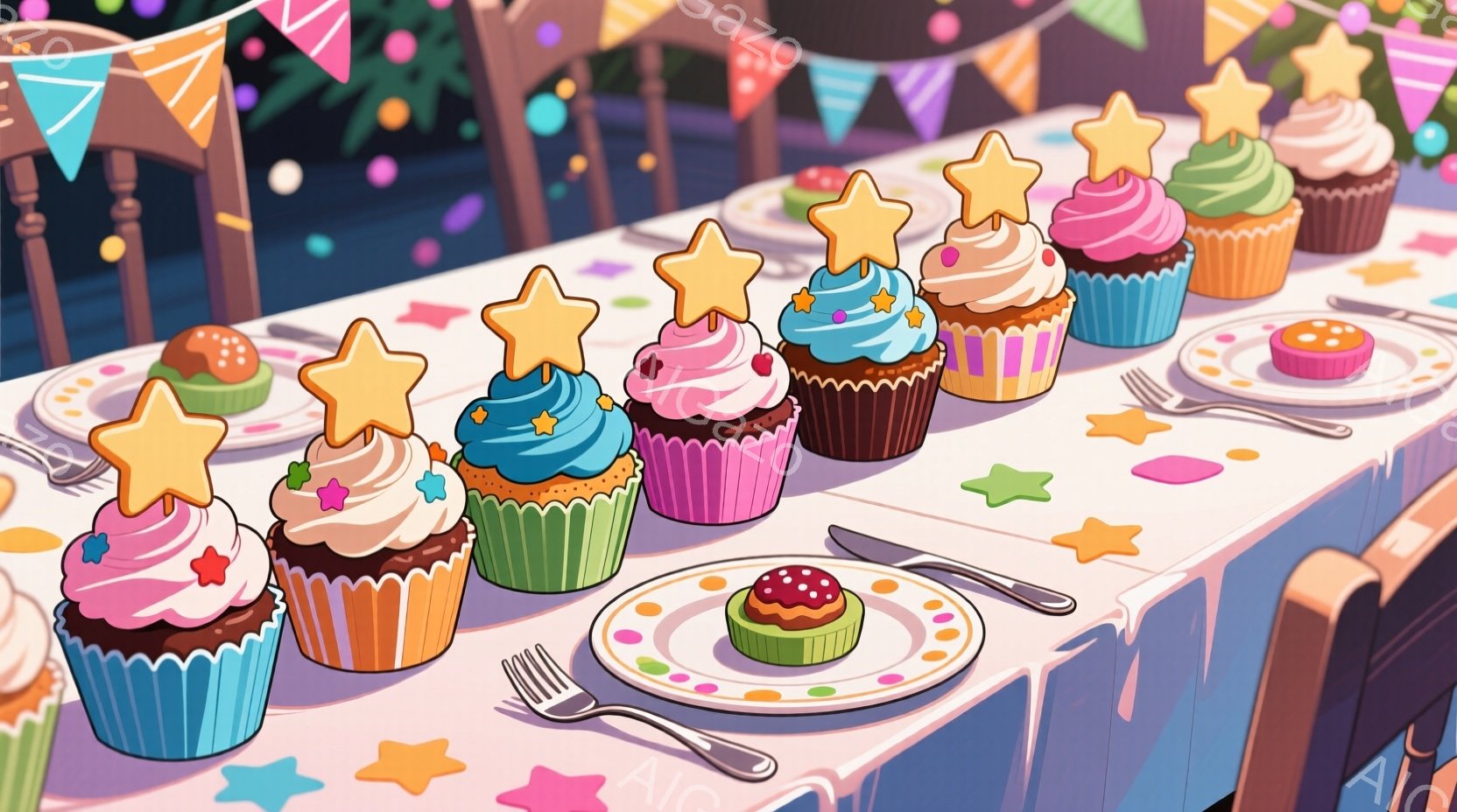 テーブルの上には、カラフルなカップケーキが並べられており、それぞれに星やスプリンクルの飾り付けがされています。背景には、お祝いのガーランドが飾られており、テーブルクロスにはカラフルな星模様が散りばめら - AI生成フリー素材
