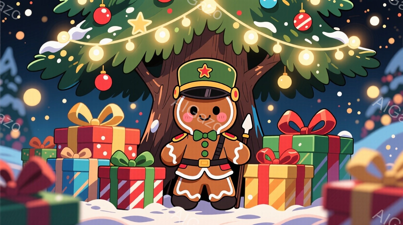 ジンジャーブレッドマンが軍服を着て、クリスマスツリーの前でひざまずいています。彼は緑色の軍服、赤い縁取り、そして金のボタンがついており、頭には星のついた帽子をかぶっています。背景にはプレゼントの山と雪景色が広がり、暖かくお祝いムードに満ちたクリスマスの雰囲気が漂っています。
