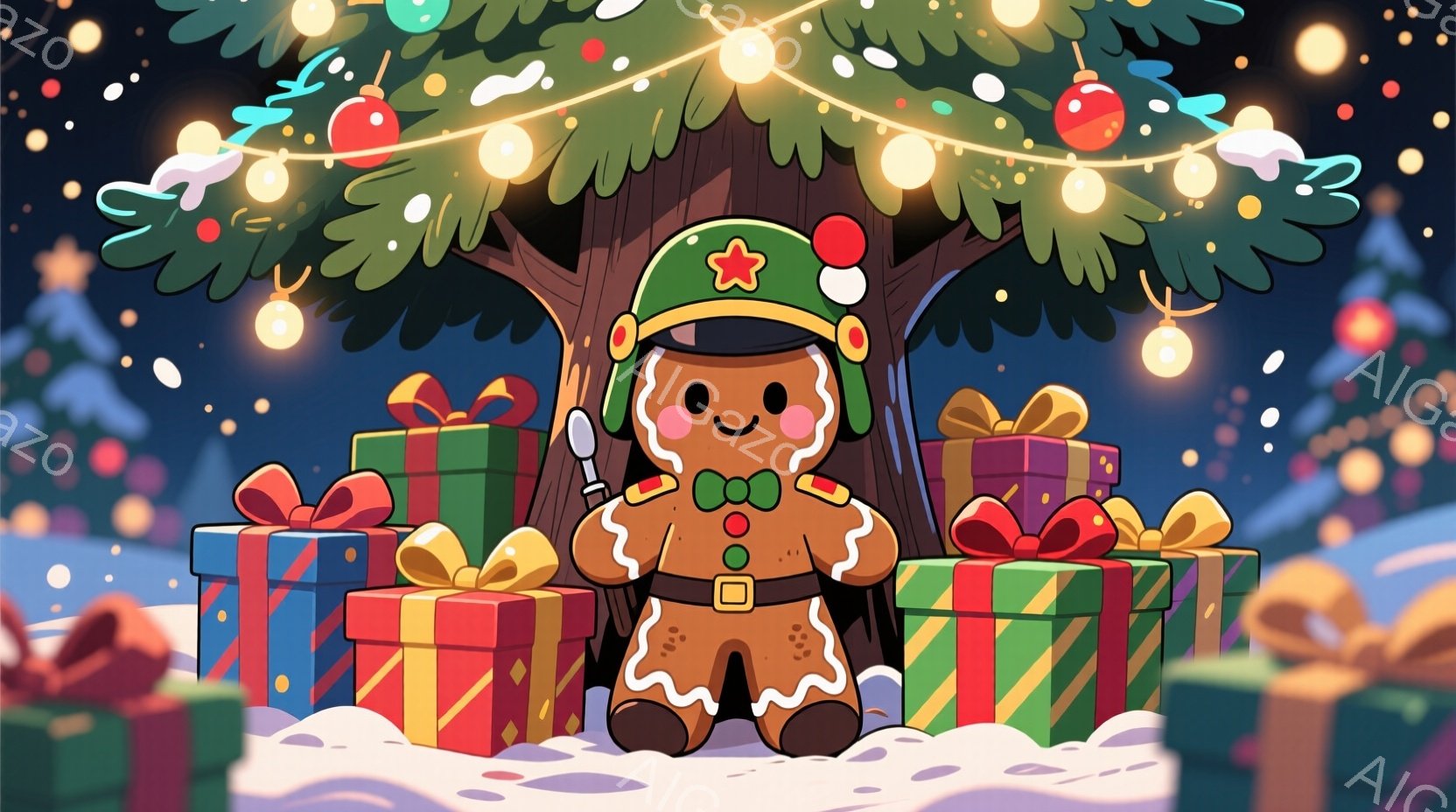 生姜焼きクッキーのような姿をしたキャラクターが、プレゼントの山に座っています。緑色の帽子に赤い星飾り、赤いリボン、そして茶色と白の模様が特徴的で、微笑みを浮かべています。背景には雪景色と、輝く電飾で飾られたクリスマスツリーがあり、温かく楽しい雰囲気が漂っています。